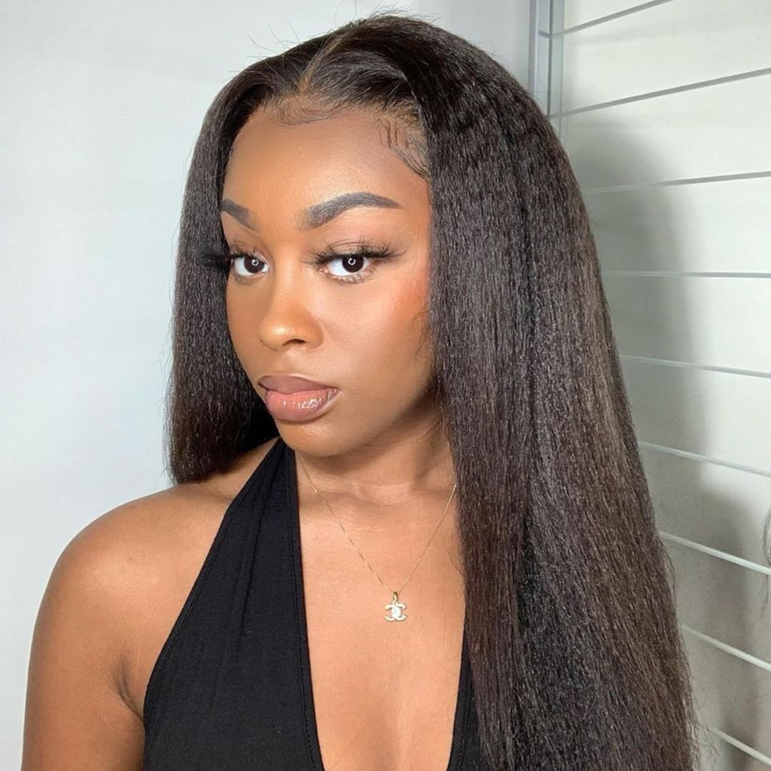 Prosa Kinky Straight synthetic Hair Half Wig, 3-in-1 Glueless Clip In Drawstring Headband Wig, Seamless Flip Over Style for Women 1B (24inch)