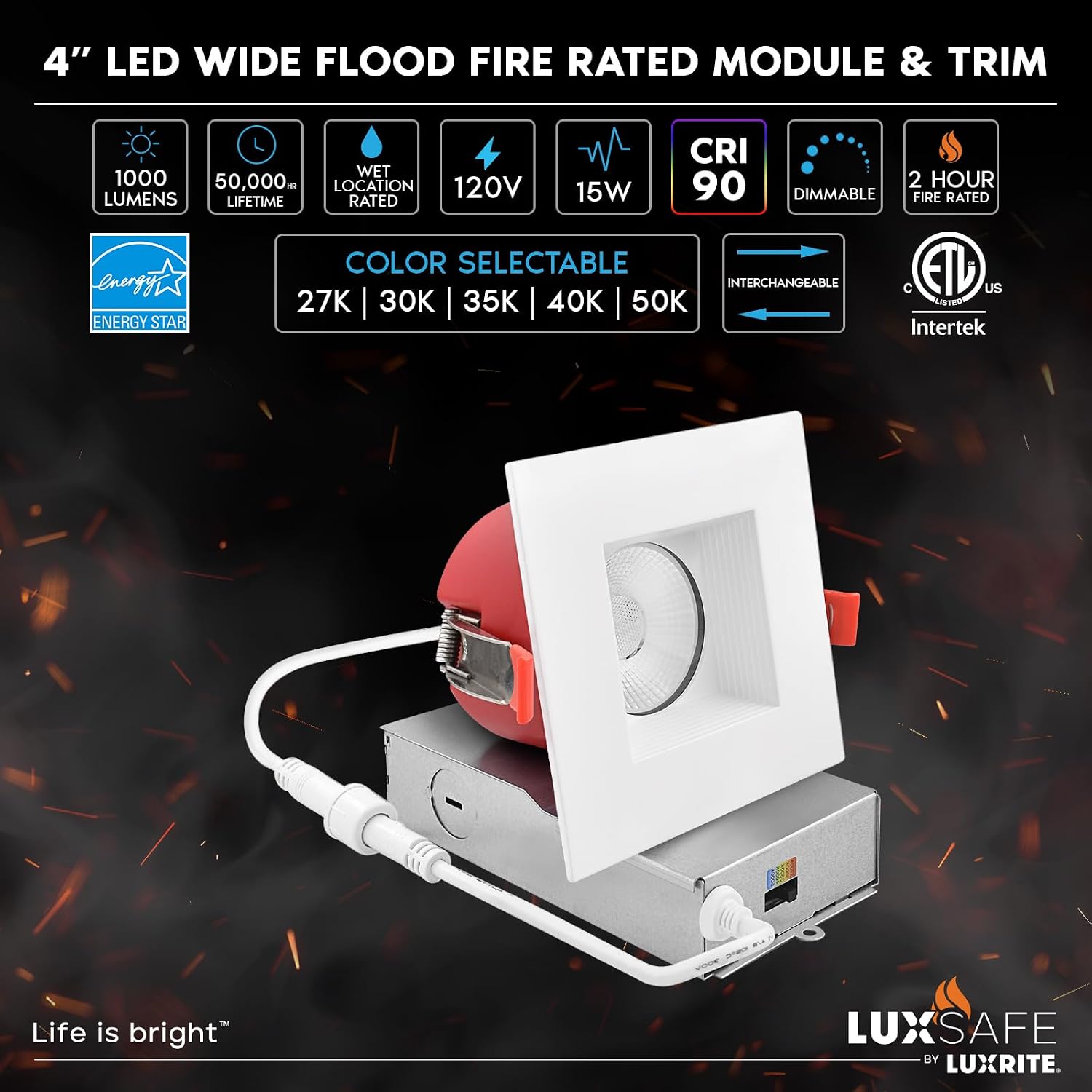 LUXRITE 6-Pack 4 Inch Square LED Recessed Lights with J-Box, 5CCT 2700K-5000K, 2 Hour Fire Rating, 15 Watts, 1000 Lumens, 60° Spotlight, Dimmable, IC Rated, Wet Rated, ETL - Baffle Trim
