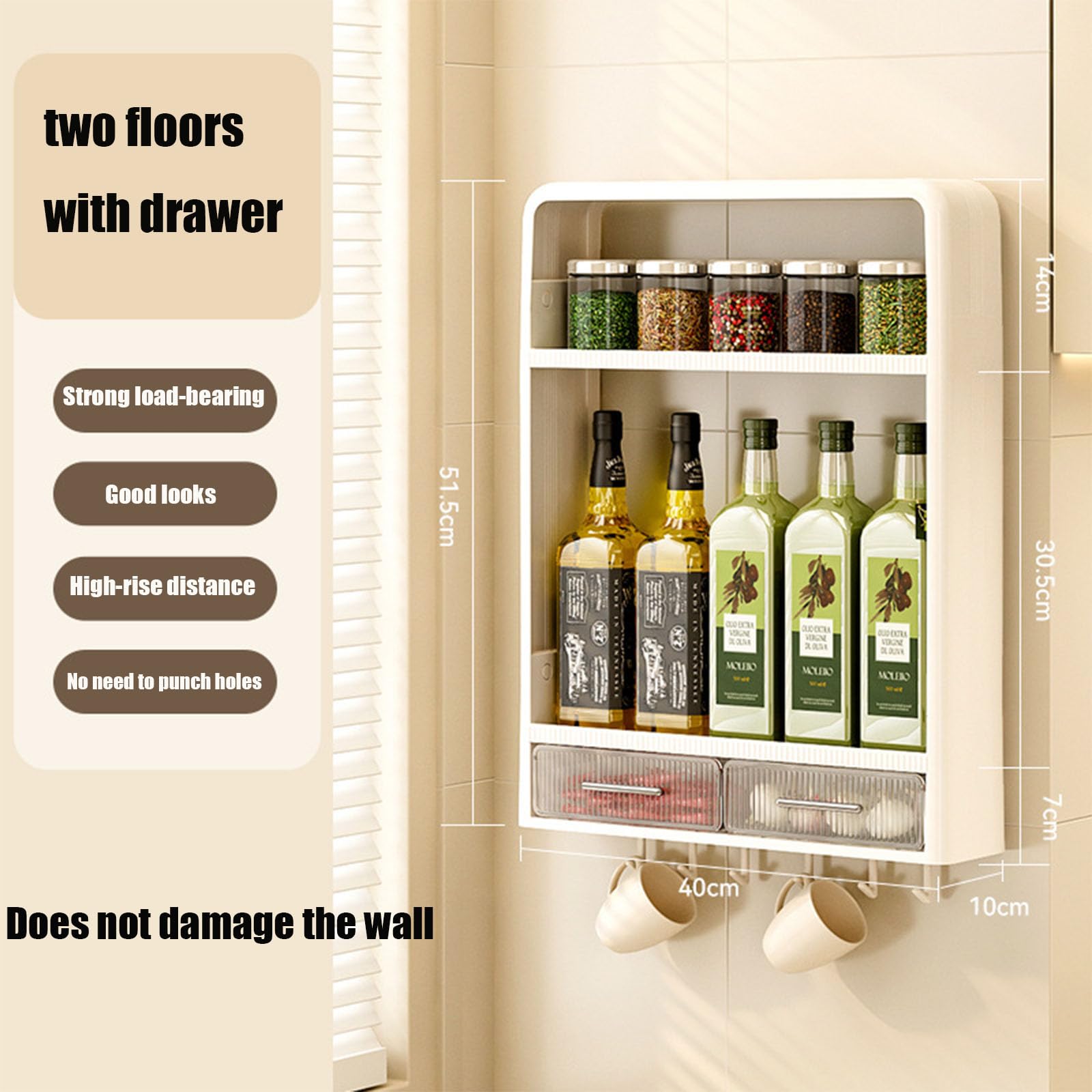 Organizador de especias, montaje en pared, 2 estantes, almacenamiento de plástico para cocina y baño, incluye cajones y ganchos para una organización eficiente