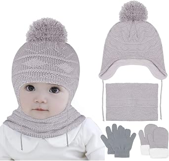Hicdaw 6PCS Toddler Winter Hats and Baby Mittens Gloves Neck Warmer Set Baby Winter Hat Scarf Gift for Kid Boys Girls