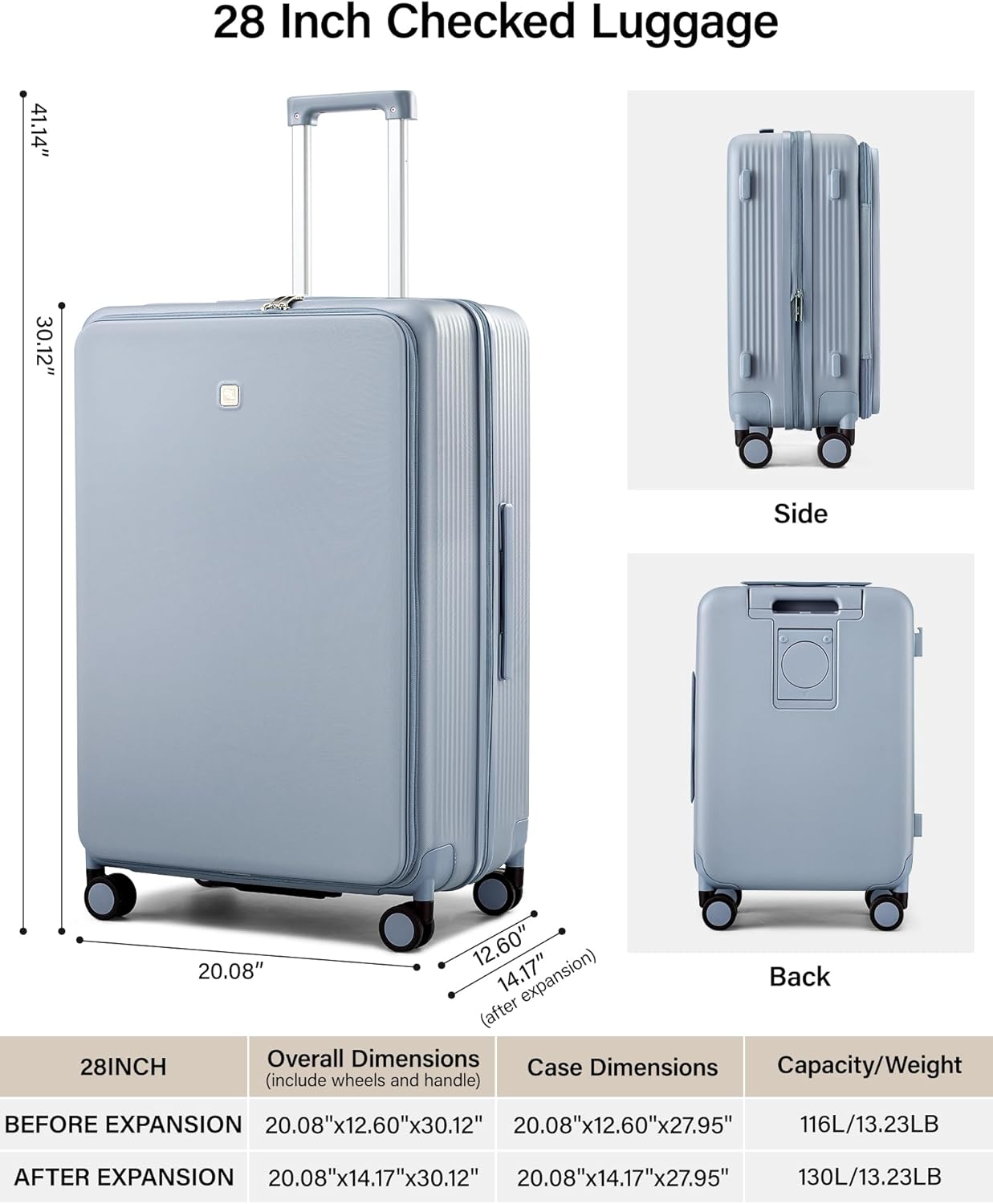 Hanke Expandable 28 Inch Luggage with Spinner Wheels Top Opening Travel Luggage Hard Shell Rolling Suitcases Large Lightweight Checked Luggage with Cup Holder(Grey) - Image 2