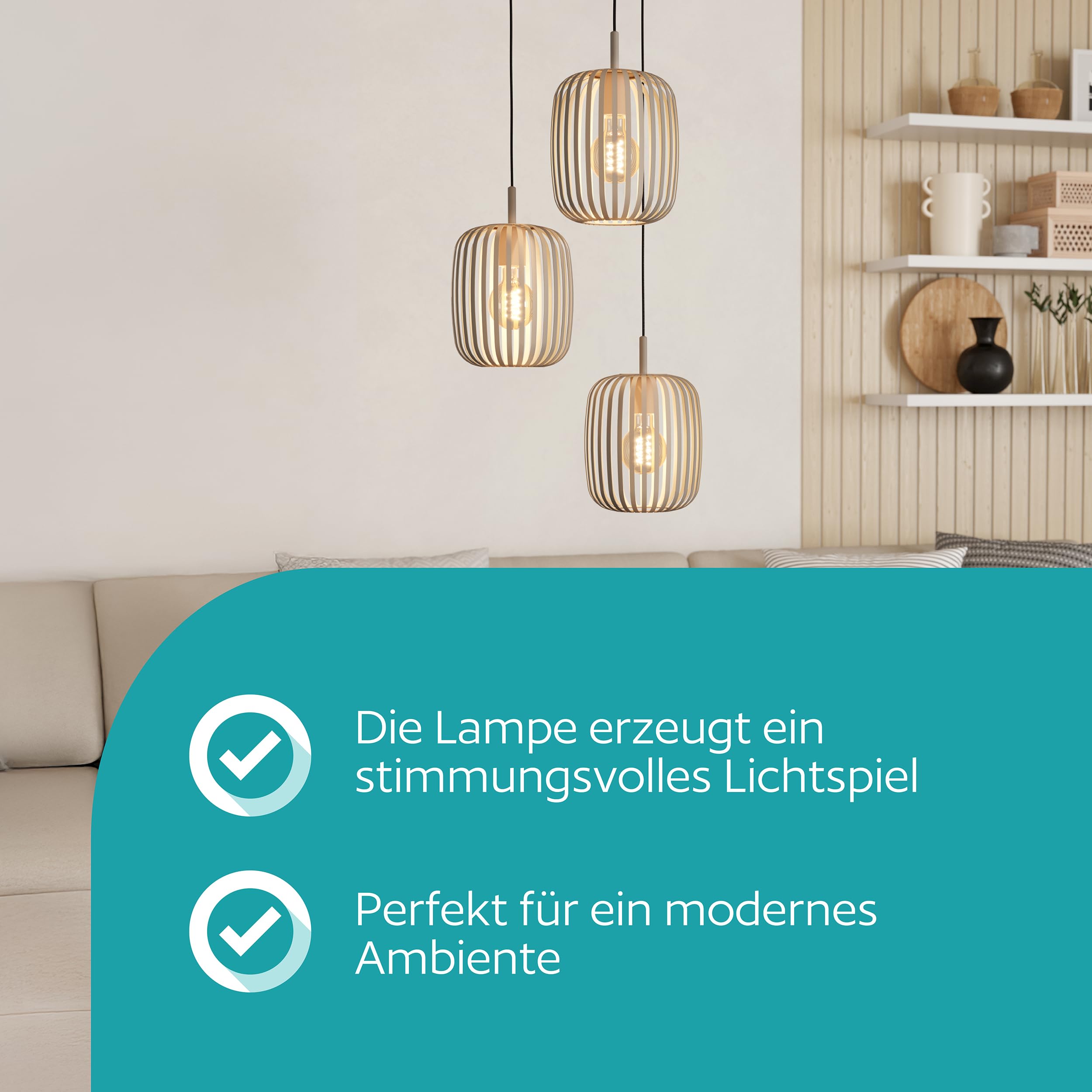 EGLO Pendellampe Romazzina, 3-flammige Pendelleuchte über Esstisch, runde Hängeleuchte aus Metall in Sandfarben, Hängelampe mit E27 Fassung, Ø 46 cm