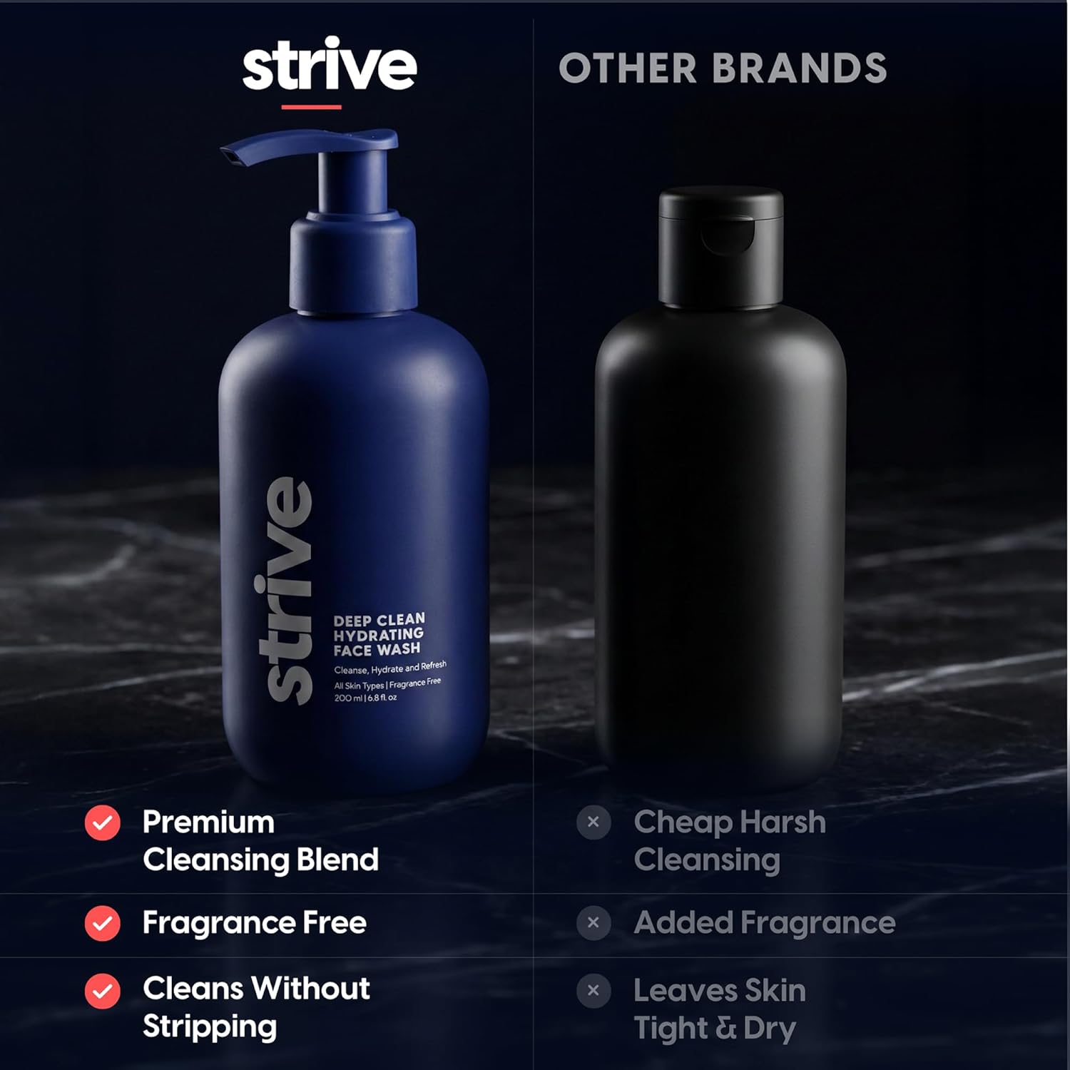 Strive Hydrating Men's Face Wash - Deep Cleans Pores, Exfoliates & Brightens - Refreshing Aloe Vera, Hyaluronic Acid & Niacinamide - Fragrance Free Men's Skincare - 200ml