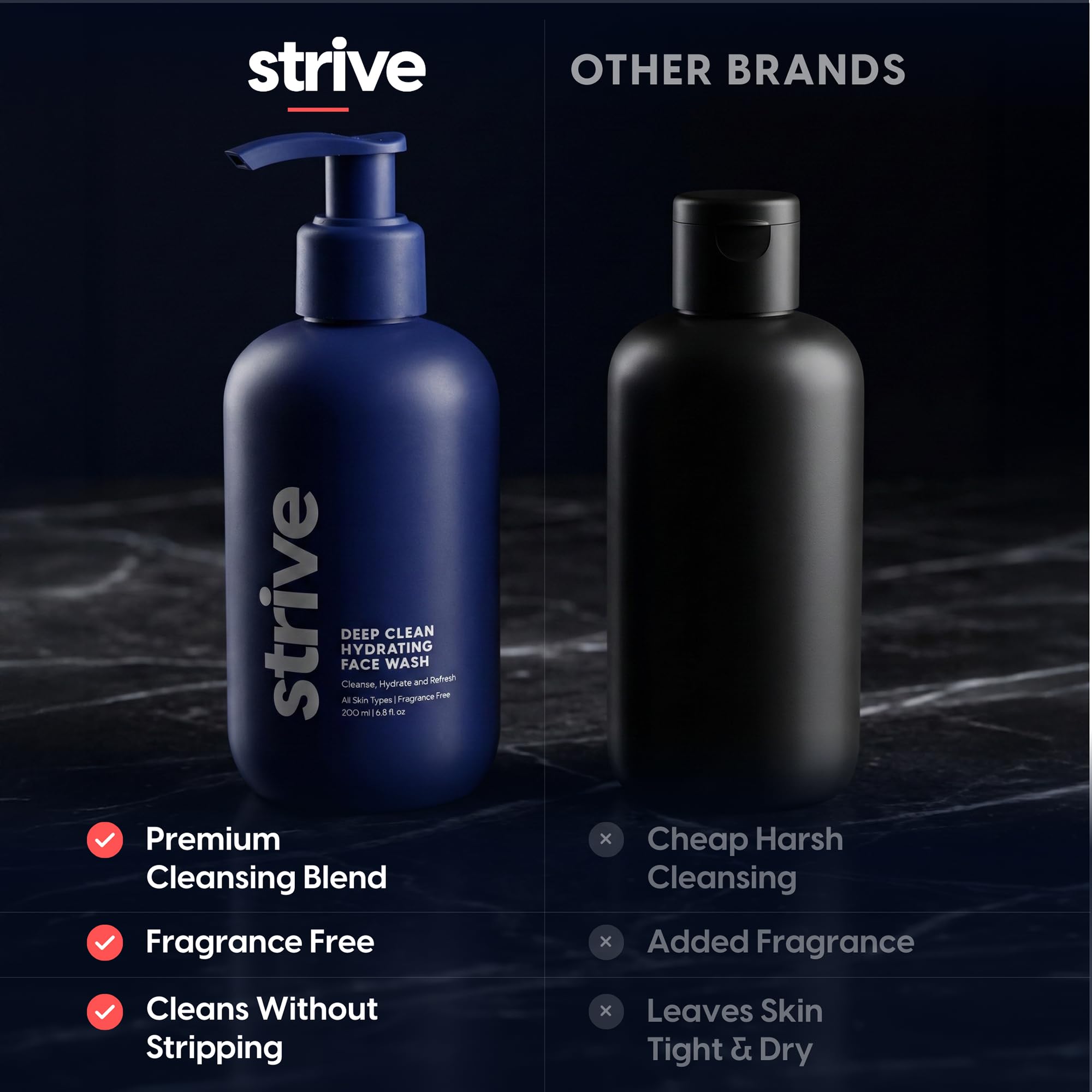 Strive - Gel limpiador facial hidratante profundo para hombre, limpiador facial, cuidado de la piel para hombres, sin perfume, piel limpia, refrescante con aloe vera, ácido hialurónico y