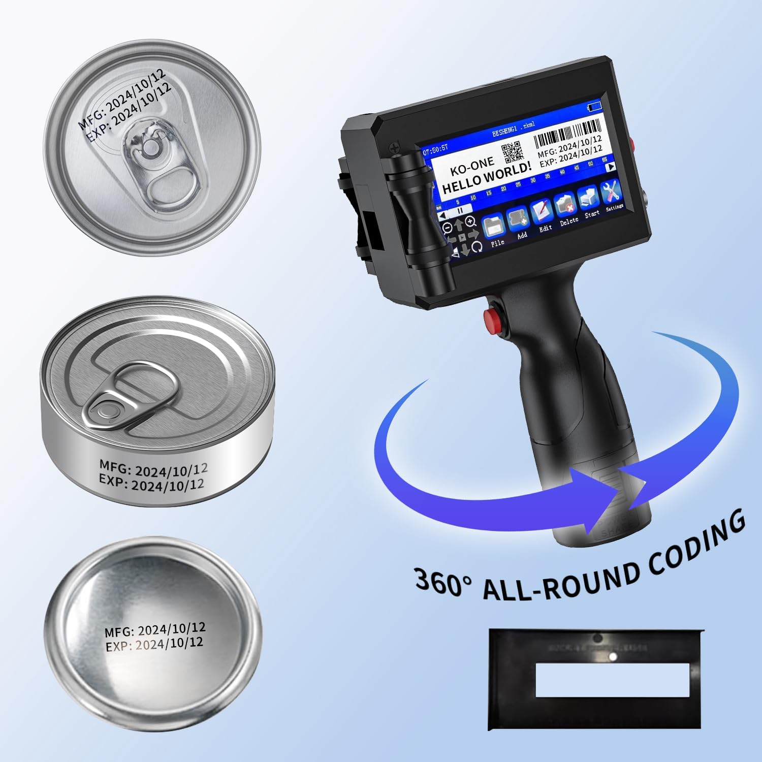 KOONE Handheld Inkjet Printer, 0.5 Inch Nozzle, Portable Inkjet Printer Gun for Text QRCode Barcode Production Date Time Logo Batch Number Print on Metal Wood Glass Cloth Carton Plastic (Black)