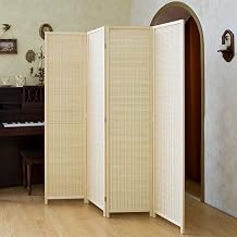 4 Panel Bamboo Room Divider - 5.6 ft Tall Natural Beige Folding Privacy Screen, Double-Sided Freestanding Partition Wall with Natural Wood Frame for Home Office & Corner Privacy