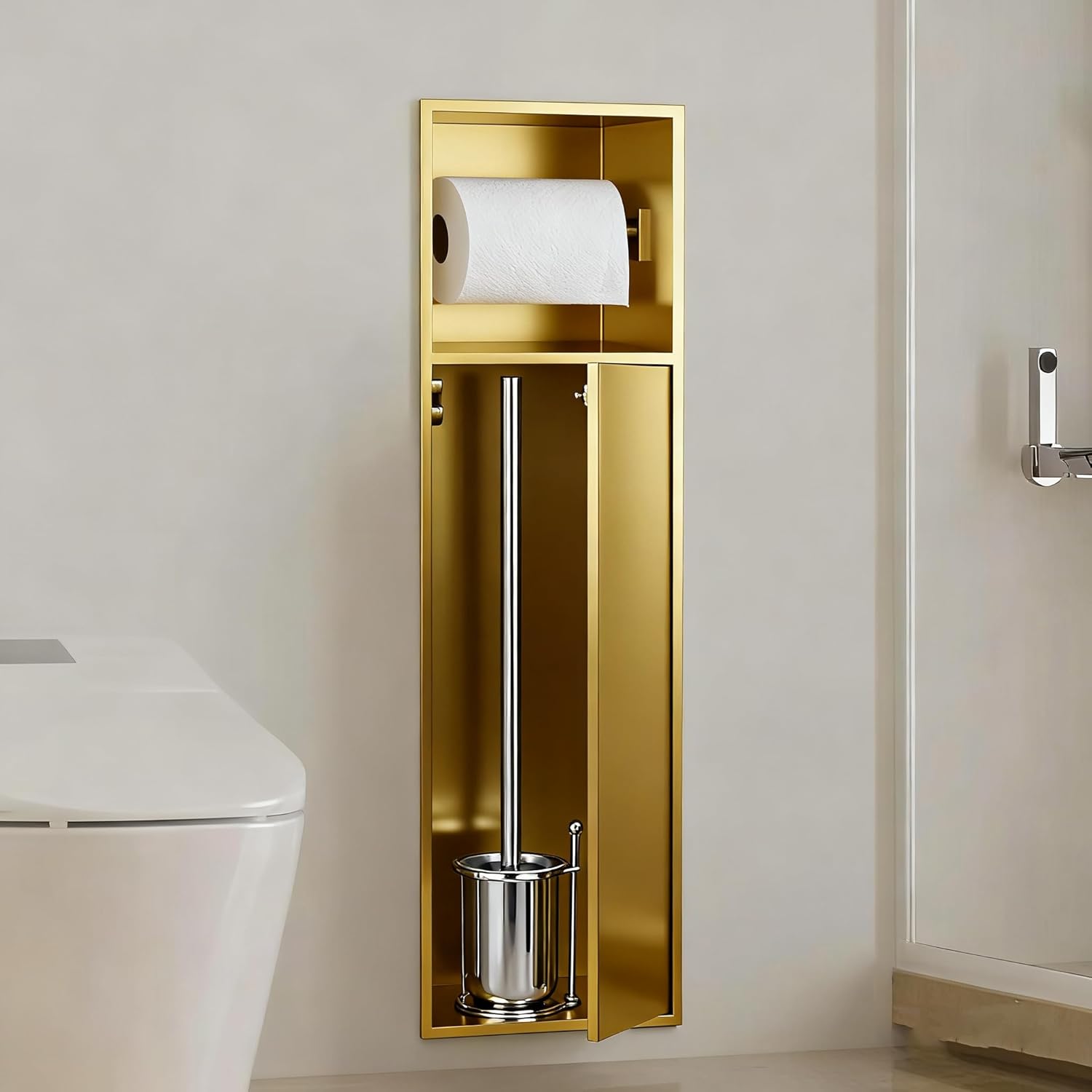 Recessed Toilet Paper Holder, in Wall 25" X 7" Toilet Paper Holder Storage, 304 Stainless Steel Tissue Roll Dispenser, Niche Shelf for Bathroom Space Saving Design, Gold