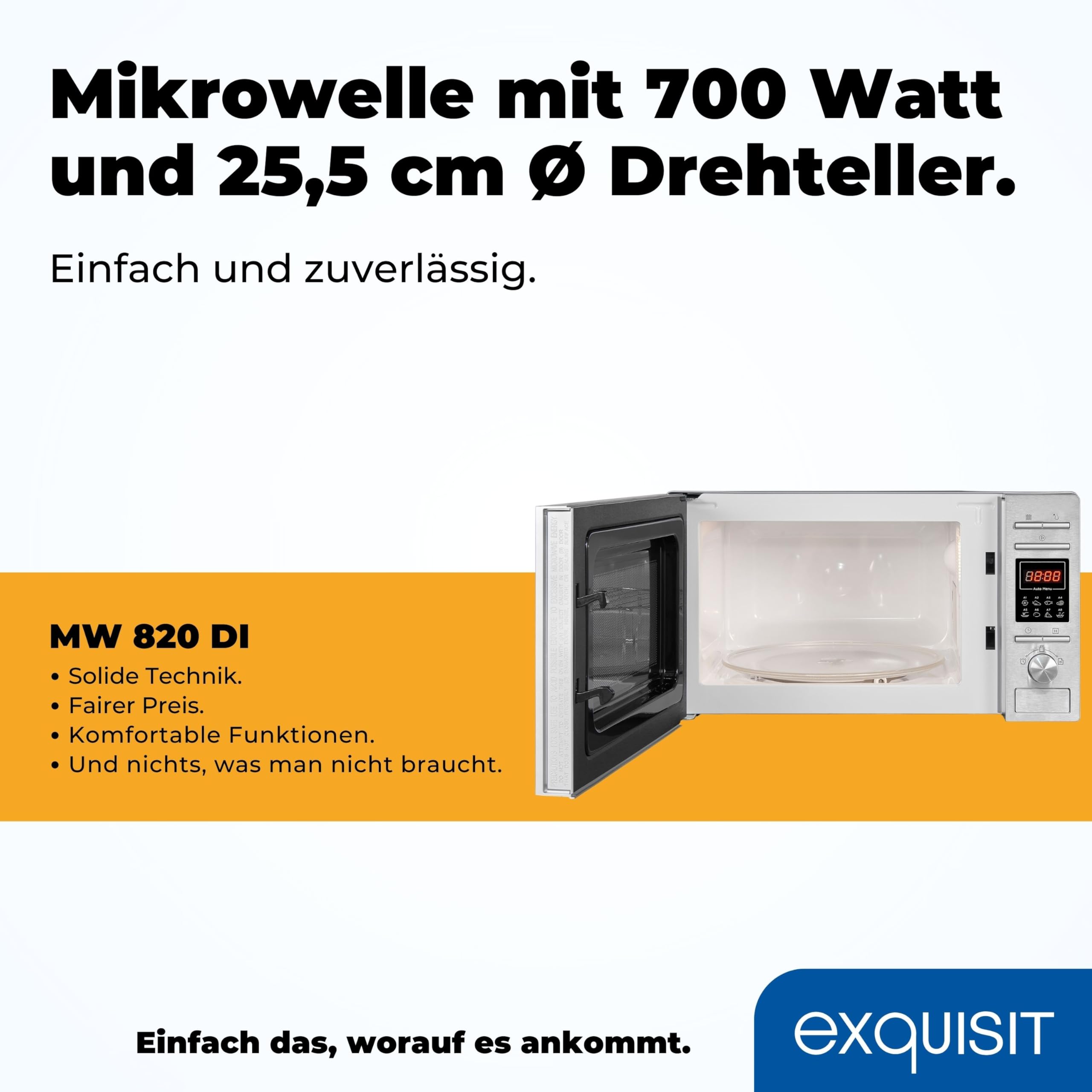 Exquisit Mikrowelle MW 820 DI - 700W, 20 L, Digital-Timer, Silber | Standmikrowelle mit Auftaufunktion, 5 Leistungsstufen, Schnellstart, 255 mm Drehteller & Innenbeleuchtung