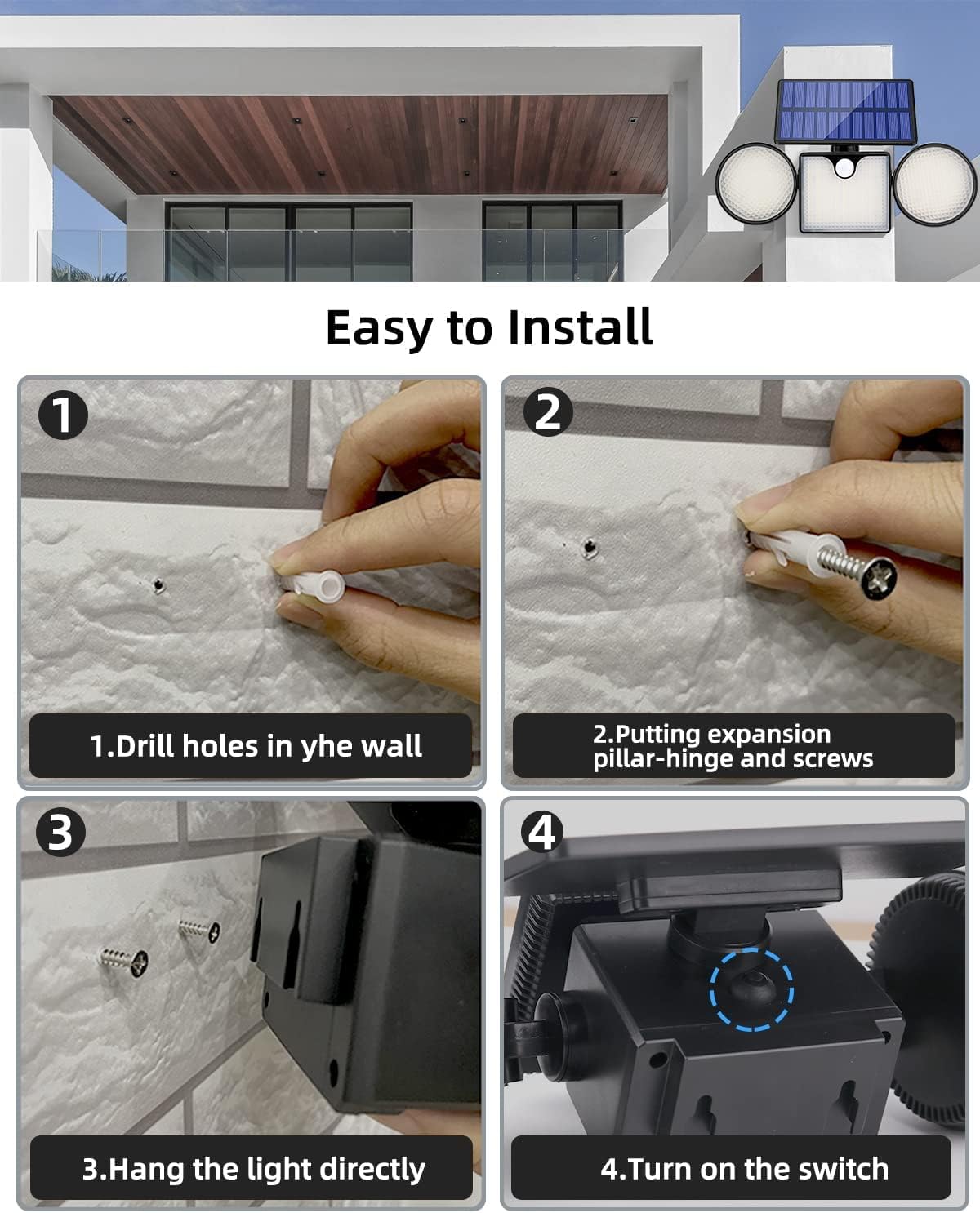 Solar Wall Lights Outdoor, 260Lm 204 LED Flood Lights, IP65 Waterproof Spot Light, 3 Adjustable Head 270° Wide Angle Lighting, with Motion Sensor, for Porch Yard Garage -2Pack, Black