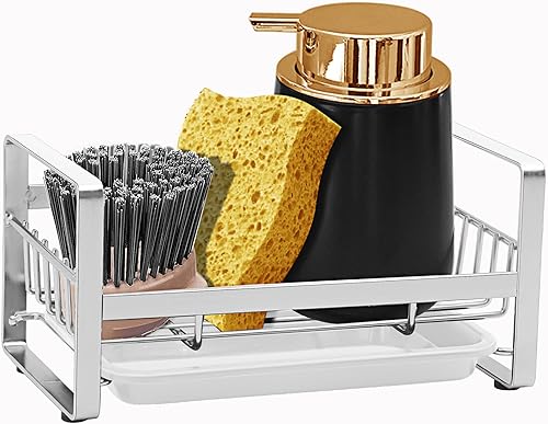 Soporte para esponja de cocina, organizador de fregadero de cocina, bandeja para fregadero, soporte para jabón, acero inoxidable, plateado