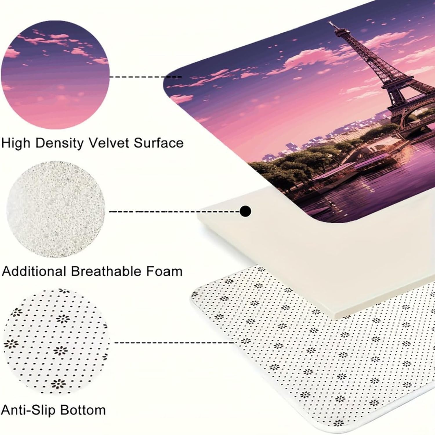 Pink Paris Kitchen Mat Washable Non Slip Rugs Soft Kitchen Mats for Floor Set of 2 PCS Cushioned Absorbent Runner Standing Rugs for Home Sink Laundry Office