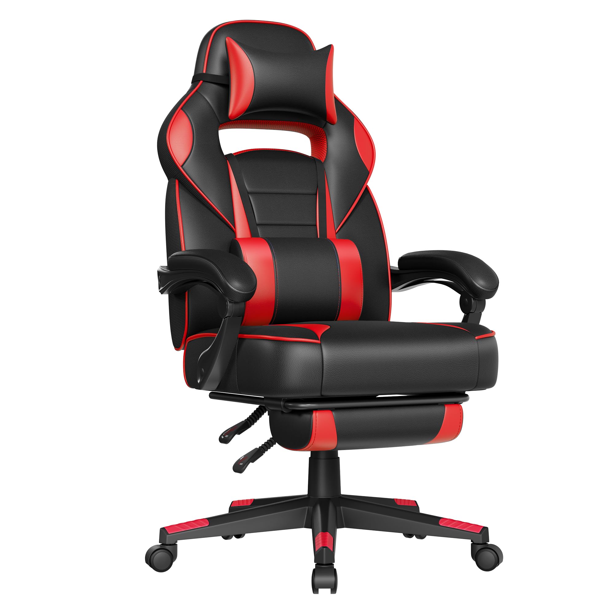SONGMICS Sedia da Ufficio, Poltrona Racing Ergonomica, Poggiapiedi Telescopico, Schienale Inclinabile, Poggiatesta e Supporto Lombare, Portante di 150 kg, Nero Inchiostro e Rosso Fragola OBG73BRV1