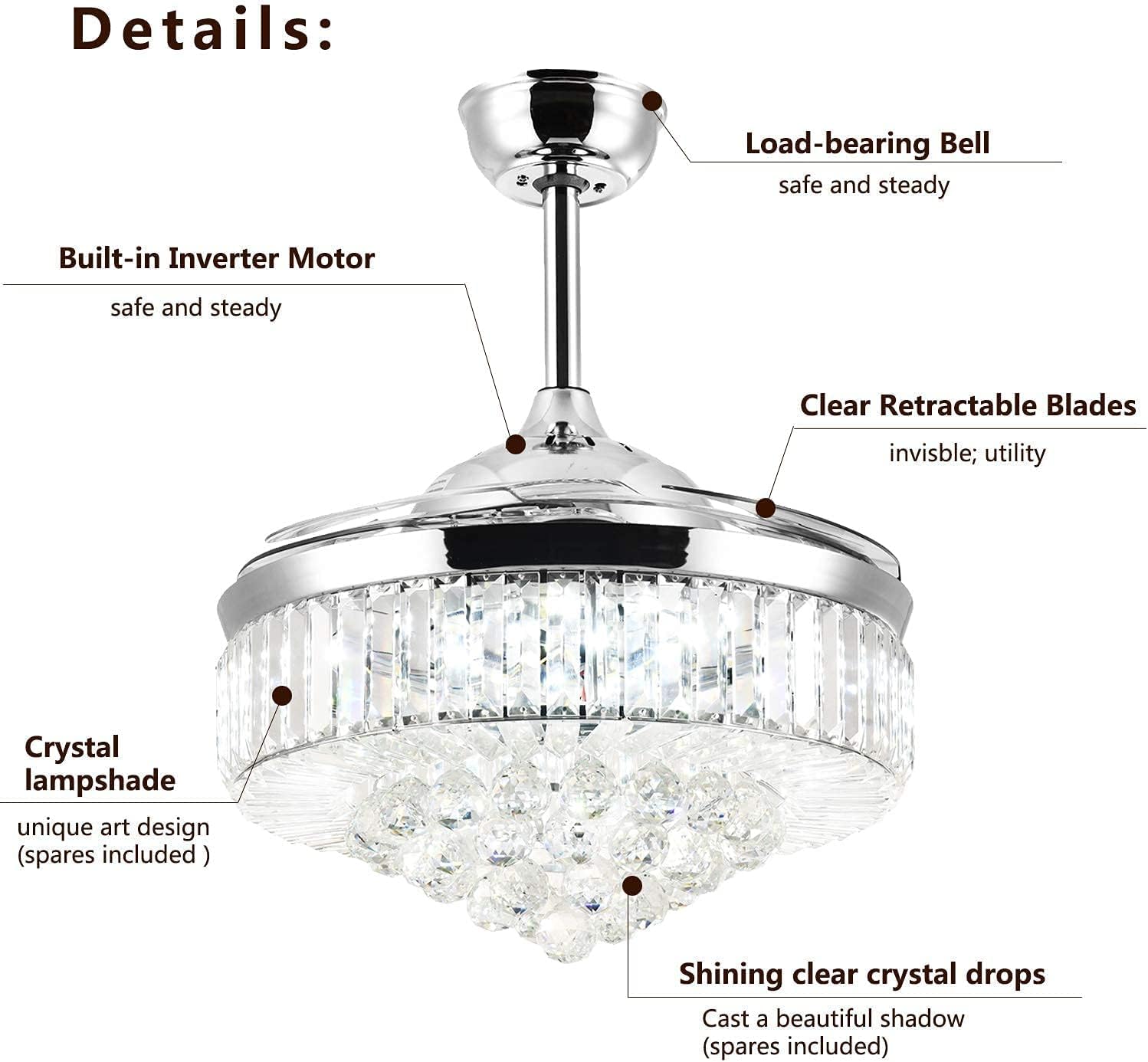 Rеvіеw Prоduсt Moooni Modern 42 Inches Dimmable Fandelier Crystal Retractable Ceiling Fans with Light and Remote, Invisible LED Crystal Chandelier Fan for Bedroom-Polished Chrome