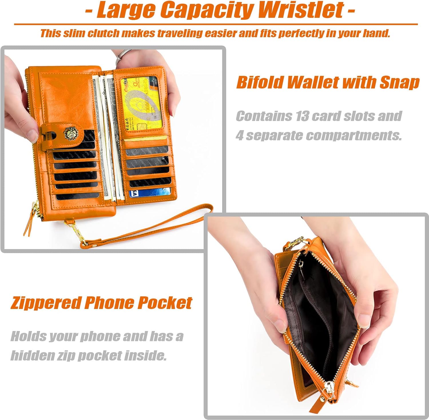 Large Capacity Wristlet Wallet for Women Oil & Wax Genuine Leather Phone Wallet RFID Blocking Card Holder Clutch for Ladies (Brown)