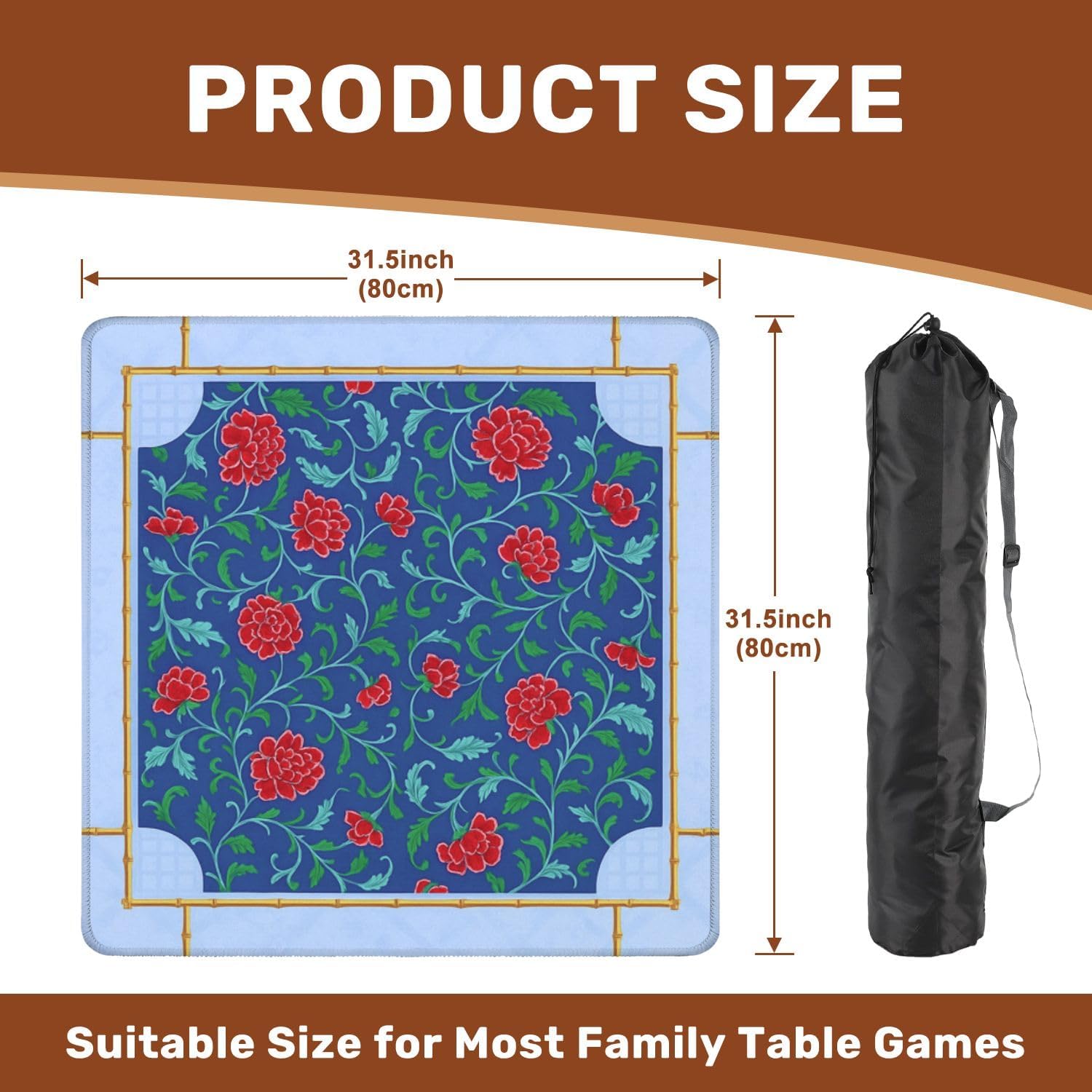 Mahjong Mat with Carrying Bag 31.5" x 31.5" Non-Slip Noise Reduction Floral Red Roses Green Vines Blue Table Mat for Mahjong Poker Dominoes Card Board Tile Games