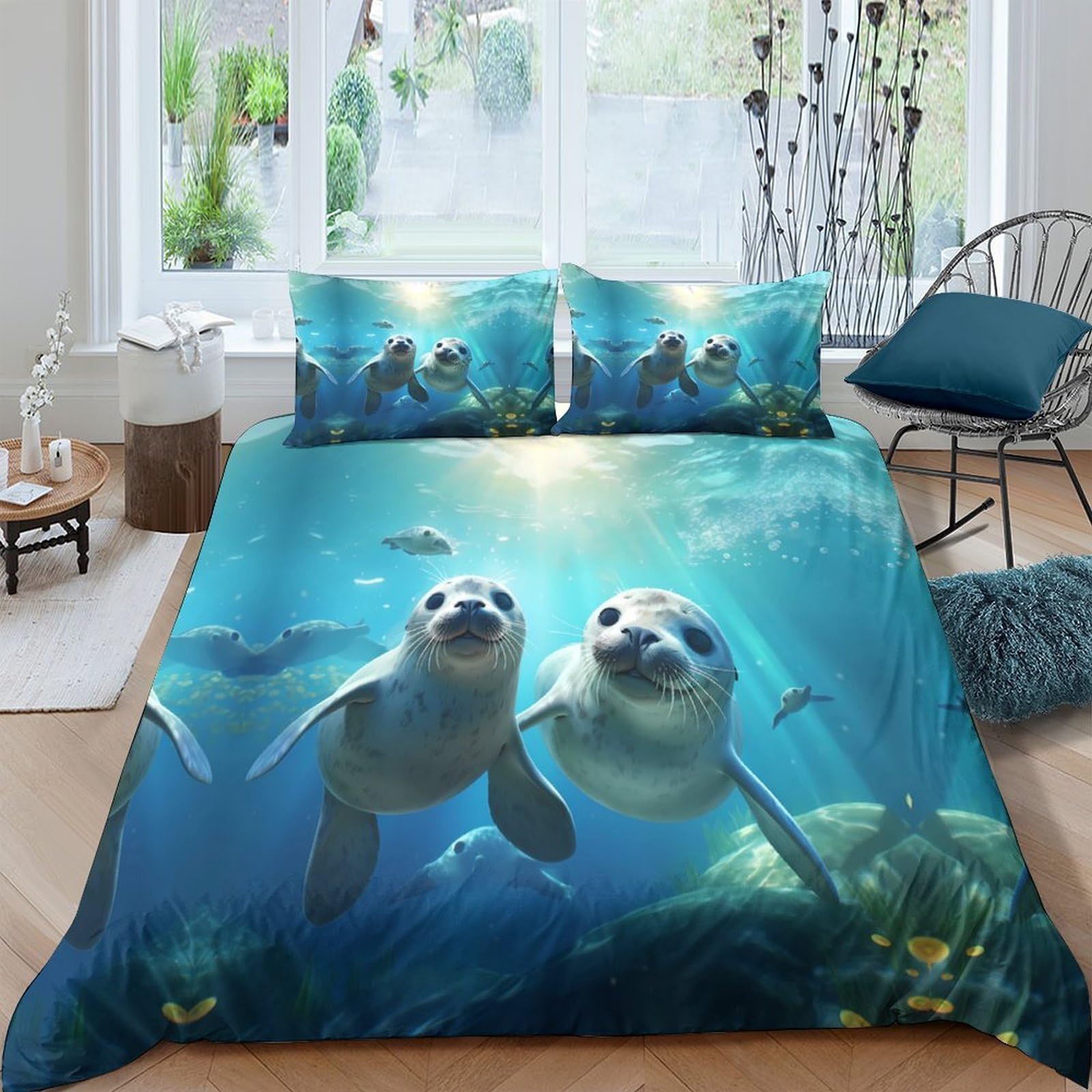 TUFRTGYHN 3D Printed Ocean Seal Duvet Cover Microfiber Soft Breathable Underwater Marine Bedding Set with 2 Pillowcases for Bedroom Decor, 120gsm Single（135x200cm）