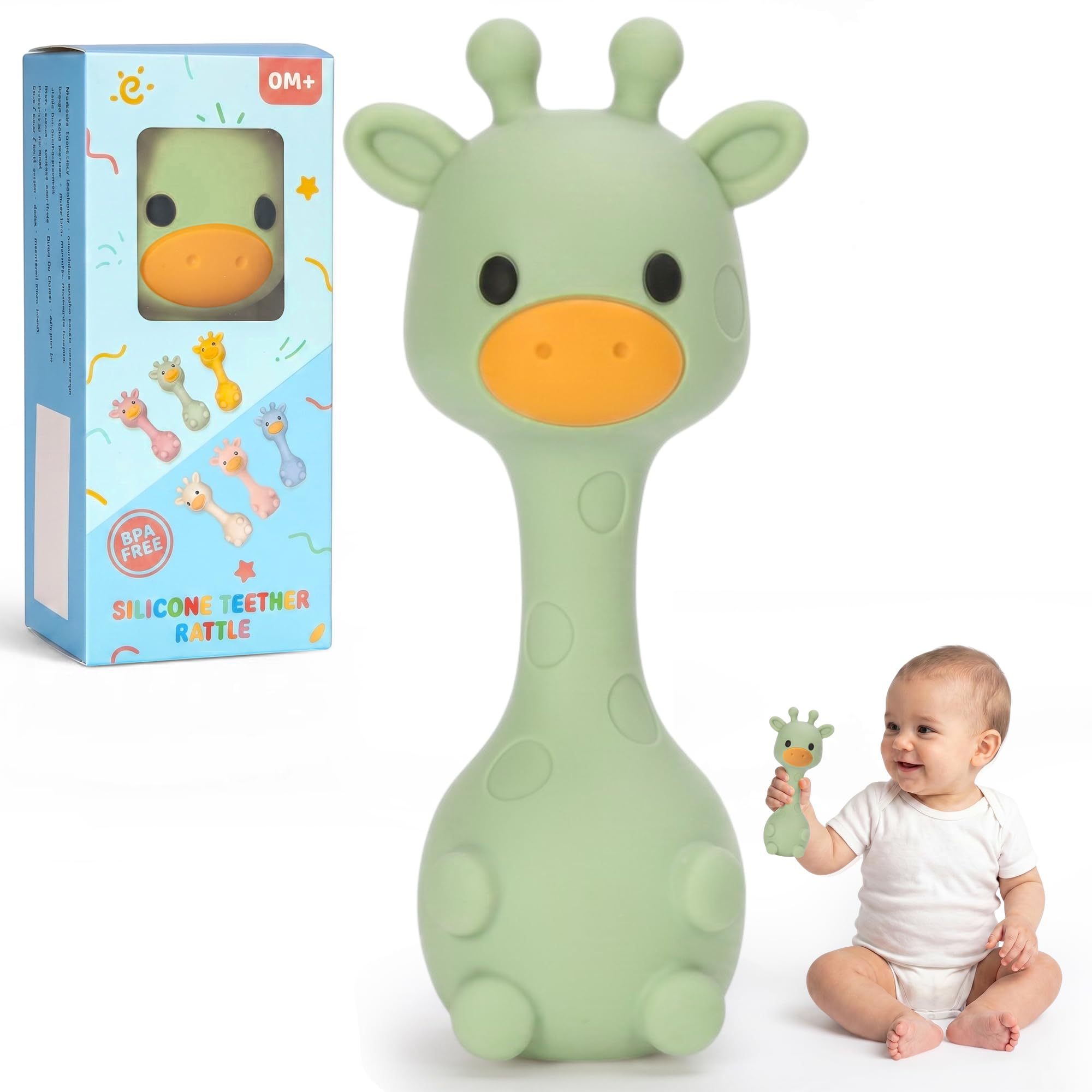 Jirafa Sonajero y Mordedor de Silicona, Sonajeros bebes 6-12 meses, Mordedores bebes, Fácil de agarrar, Juguetes Bebes 0 3 6 12 Meses Regalos para Bebe Recien Nacidos Niños Niñas (Verde)