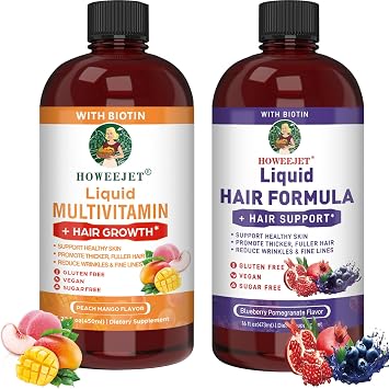 Liquid Multivitamin for Hair Growth & Hair Formula Bundle | Healthy Hair Habits | Clinically Tested for Thicker Hair & Skin Elasticity for Women | Peach Mango Flavor & Blueberry Pomegranate Flavor
