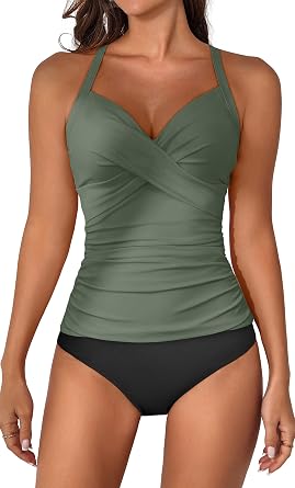 B2prity Womens Tankini Swimsuits Tummy Control Ruched V Neck Bathing Suit | Adjustable Tie Back, Ruched Details, Soft Removable Cups for Beach, Pool and Vacation Wear