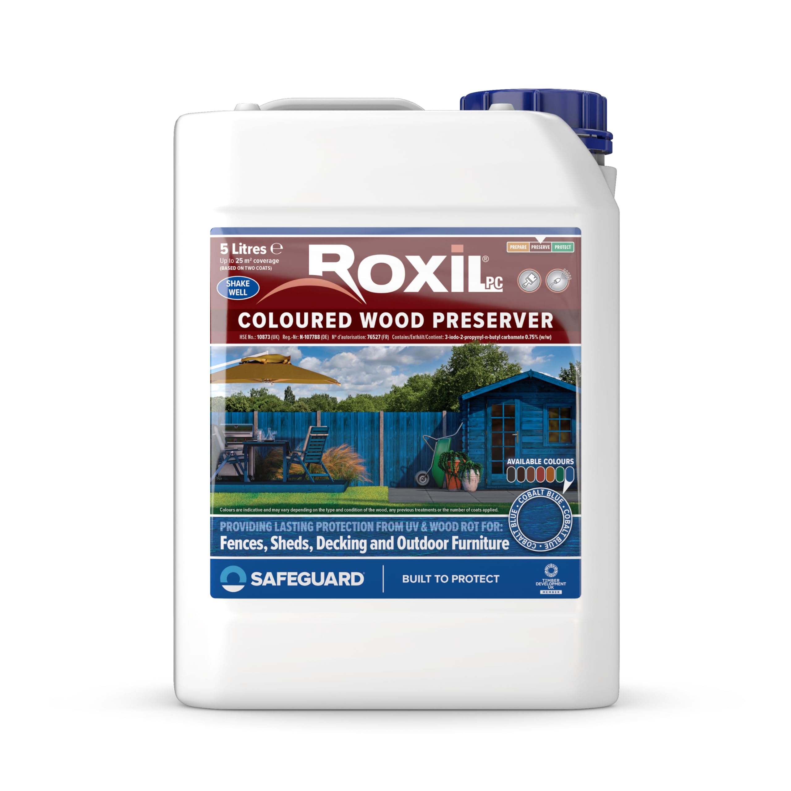 Roxil Cobalt Blue Wood Stain Preserver 5 Litre (Cobalt Blue) Fast-Drying Satin Finish For Decking, Fence, Shed, Furniture. Up To 5 Year Protection For Indoor & Outdoor