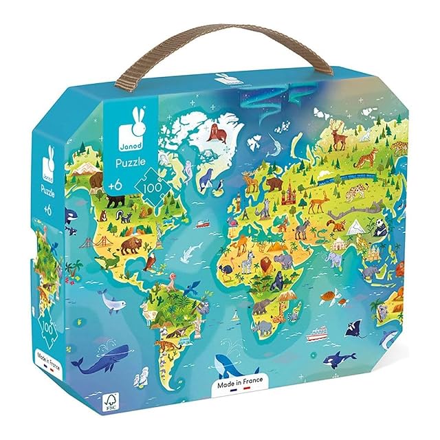 Janod - Puzzle para Niños El Mundo 100 Piezas - Juguete Educativo Motricidad y Concentración - Maletín con Asa