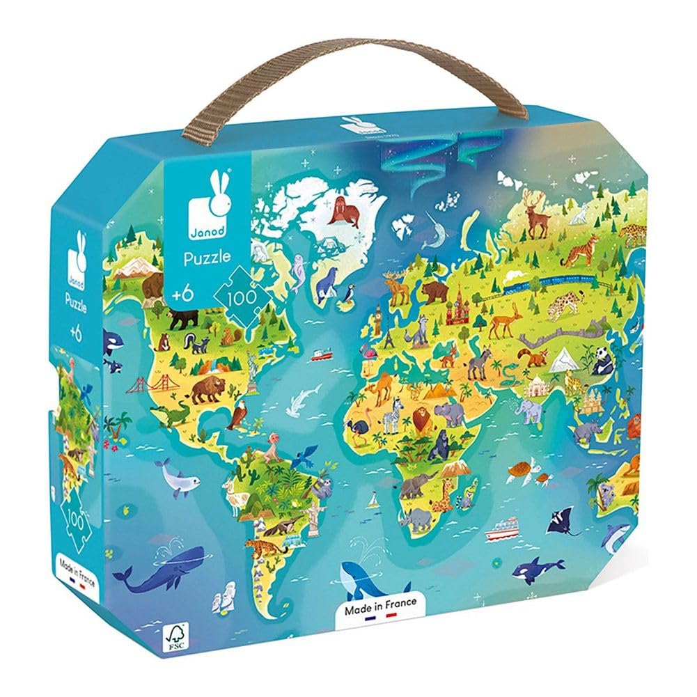 Janod - 100-Piece ‘The World’ Children’s Puzzle - Educational Game - Fine Motor Skills & Concentration - Suitcase-Shaped Box with Handle - Made in France and FSC-Certified - 6 Years+ - J02607
