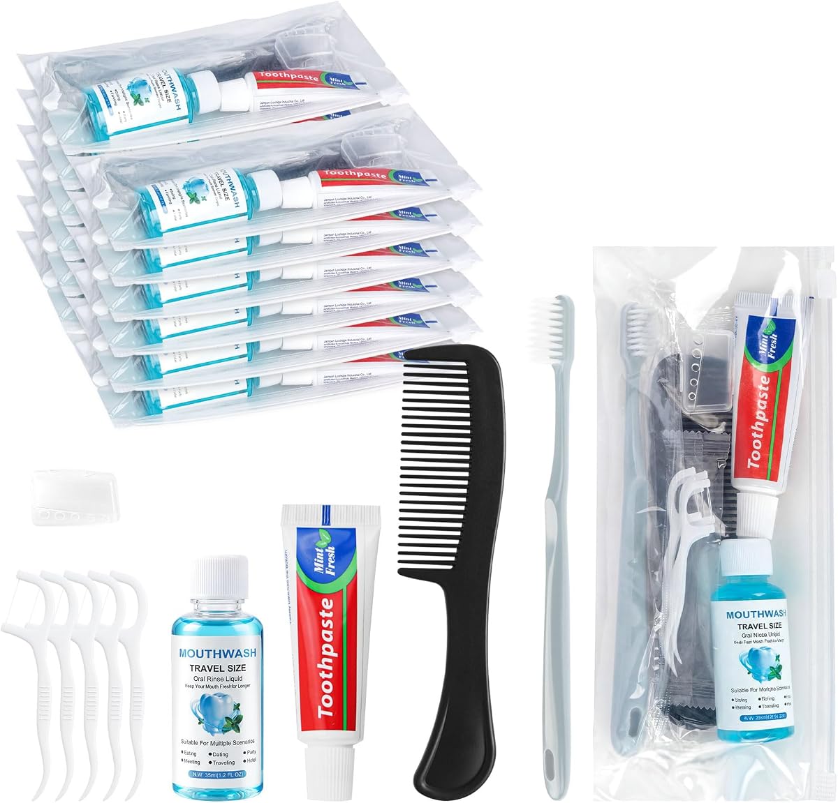 Travel Toothbrush Kit Bulk, Hygiene Kit Bulk with Toothbrush Toothpaste Set, Floss Picks, Comb, Travel Mouthwash, Toothbrush Cover, Individually Packaged, for Travel, Hotels (12-Pack)