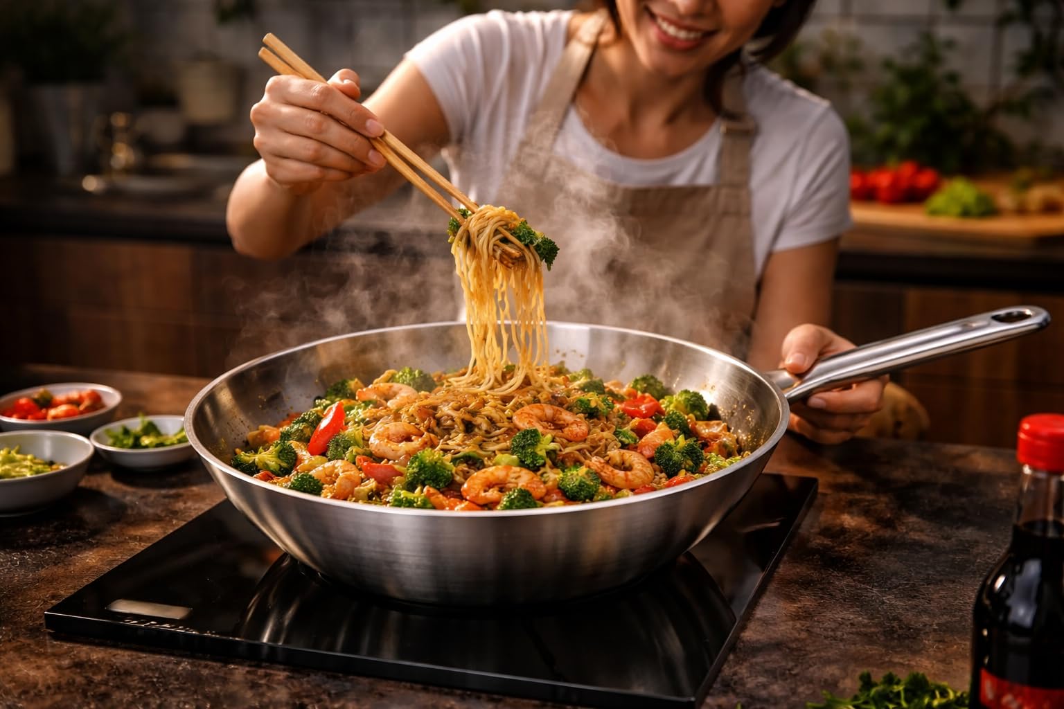 Edelstahl Wokpfanne 32 cm mit Glasdeckel – Ohne Beschichtung – für Induktion & Gas – für alle Herdarten – Wok Pfanne Groß