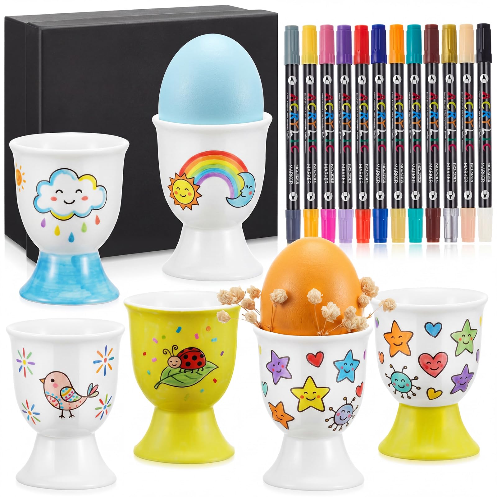 Sinmoe 6 Coquetier Oeuf en Ceramique Peindre Votre Propr Coquetier avec 12 Pièces 24 Couleurs Stylo en Porcelaine et Boîte de Cadeau Support pour Œuf à la Coque pour DIY Cadeau Pâques Anniversaire