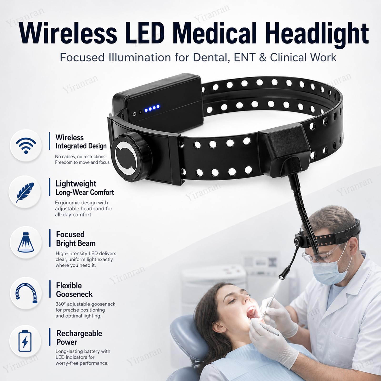 Kabelloser medizinischer Scheinwerfer, LED-OP-Stirnlampe für zahnärztliche und HNO-Untersuchung, leicht, wiederaufladbar, verstellbares Licht für Labor- und Präzisionsarbeiten
