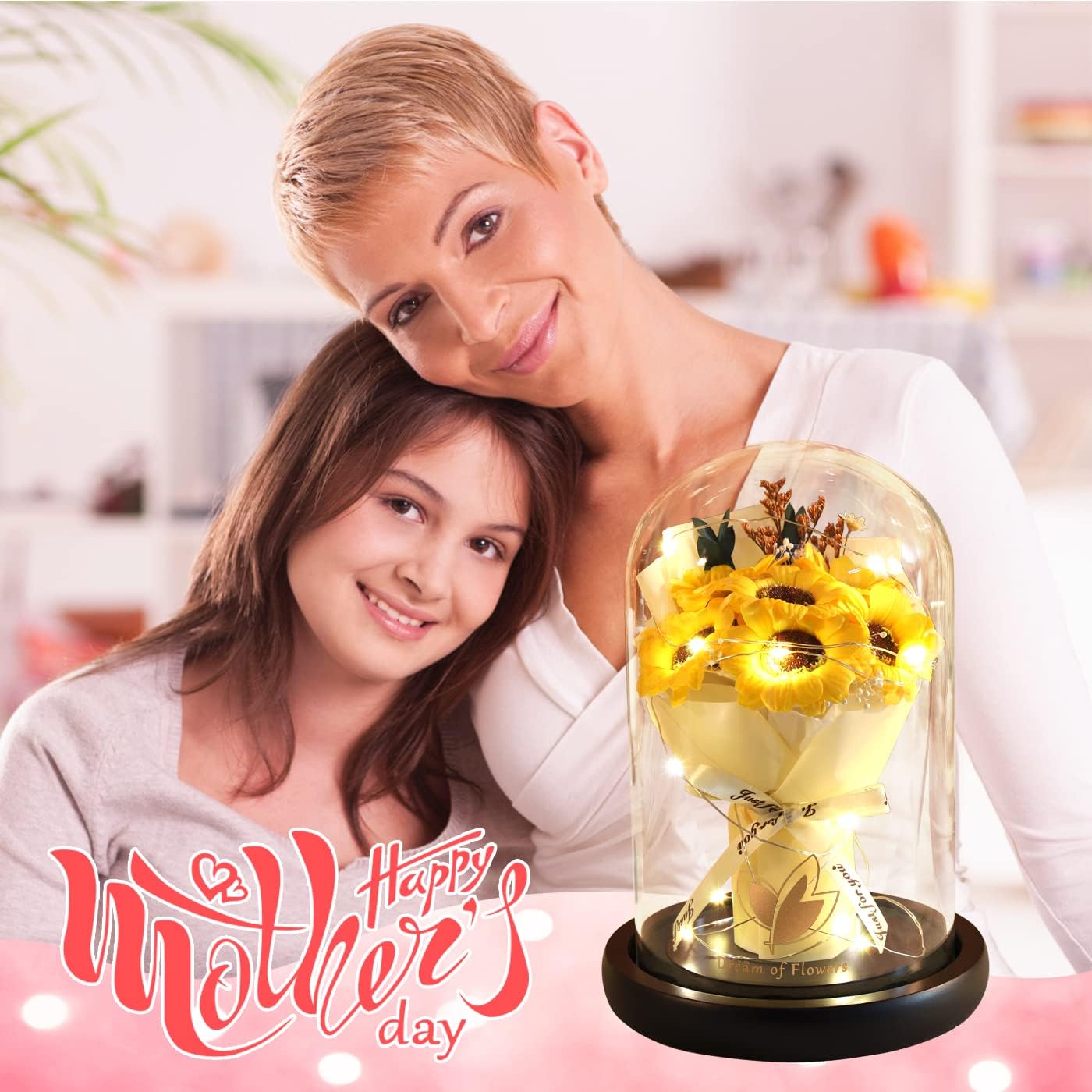 Valentines Day Gifts, Sunflower Gift for Mom-Preserved Artificial Rose Flower Gifts for Women Friends Sunflower Gifts for Her,Light Up Rose in Glass Dome-Thankgiving Birthday Valentine Anniversary