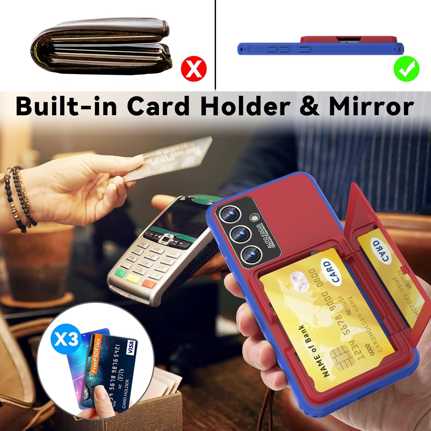 KJSK for Samsung Galaxy S24 Wallet Case,Built-in Card Holder and Mirrors,Military Grade Shockproof Case for Galaxy S24 6.2”(Red) - Image 3