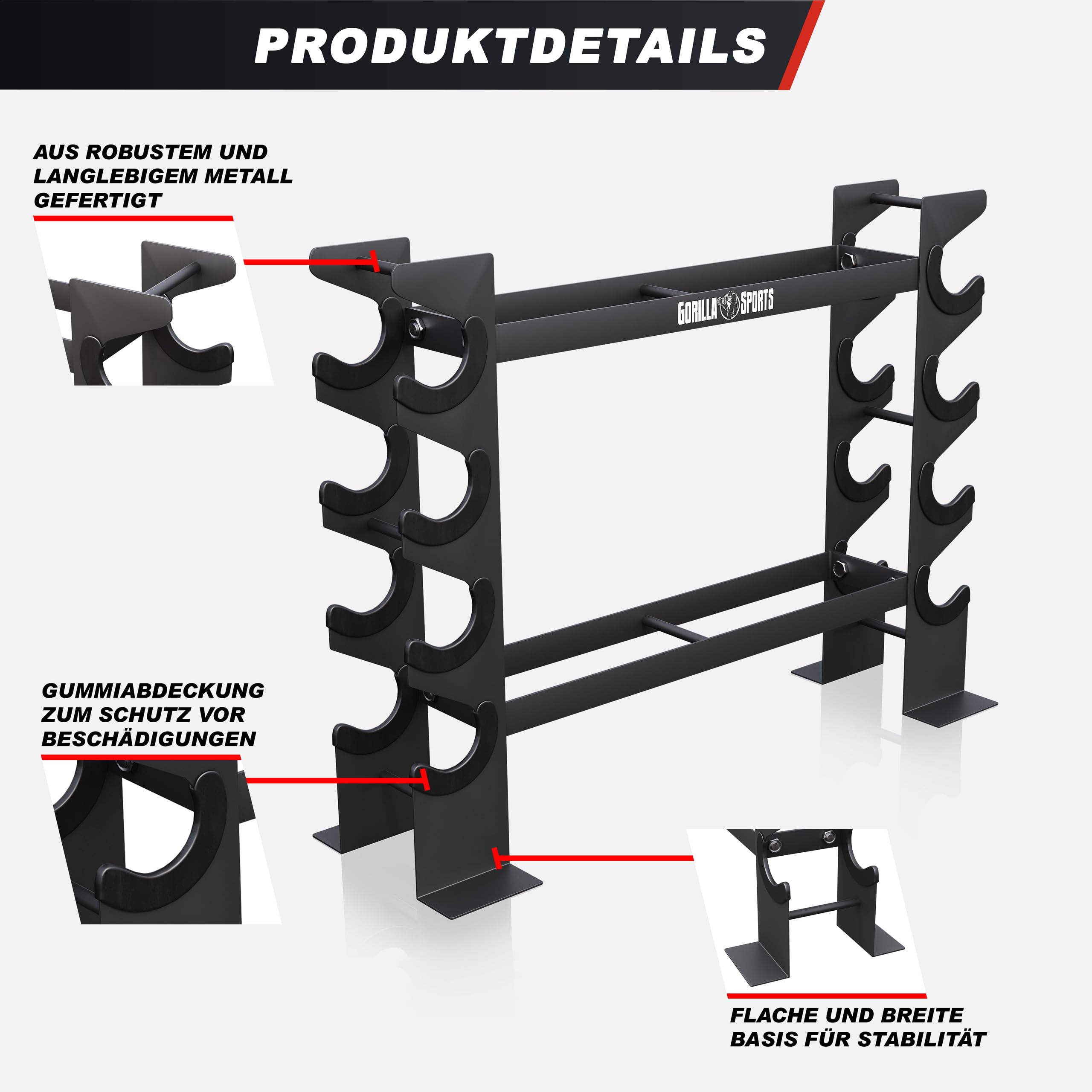 GORILLA SPORTS® Porta Pesi - Multifunzionale, 68x20x52 cm, Carico Mass. 300 kg, Nero - Manubri Palestra Casa, Rastrelliera, Attrezzi, Rack, Supporto Manubrio, Home Gym, Dischi, Accessori, Fitness