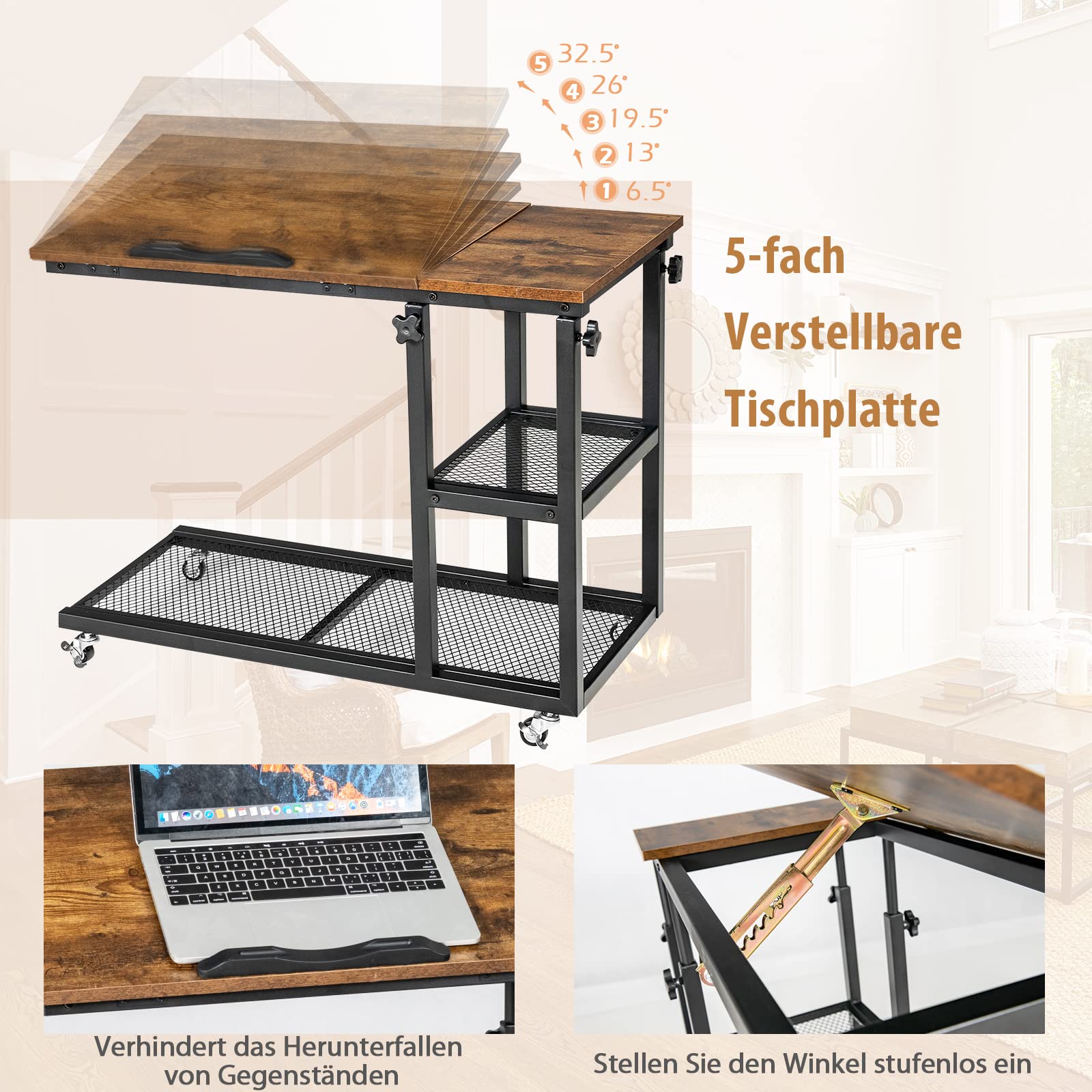 COSTWAY Pflegetisch höhenverstellbar mit Rollen, Betttisch mit kippbarer Tischplatte, Kantenschutz und Ablage, Krankentisch, Beistelltisch für Wohnzimmer, Schlafzimmer, 80 x 40 cm (Vintage)