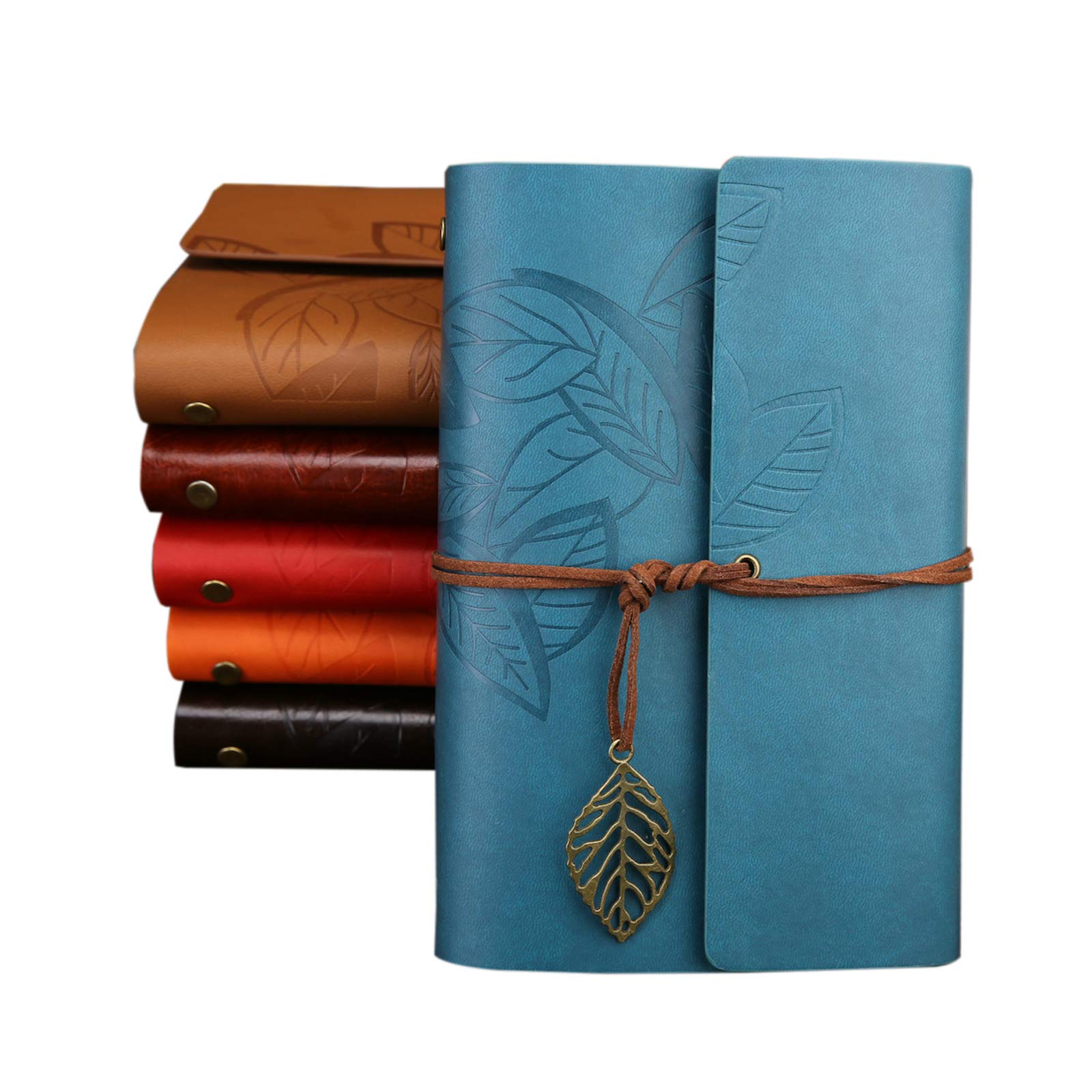 WSLCN Journal Diary Vintage Leaf PU Leather Spiral Blank String Daily Notepad Unlined Paper Retro Pendants Classic Embossed Blue(M)