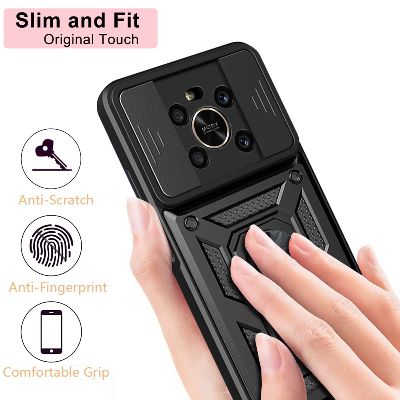 Hi-Case per Custodia Honor Magic4 Lite(4G/5G) con Custodia per Fotocamera Scorrevole e Supporto per Anello [Cover Anti-Caduta Compatibile con Supporto Magnetico per Auto], Rosso