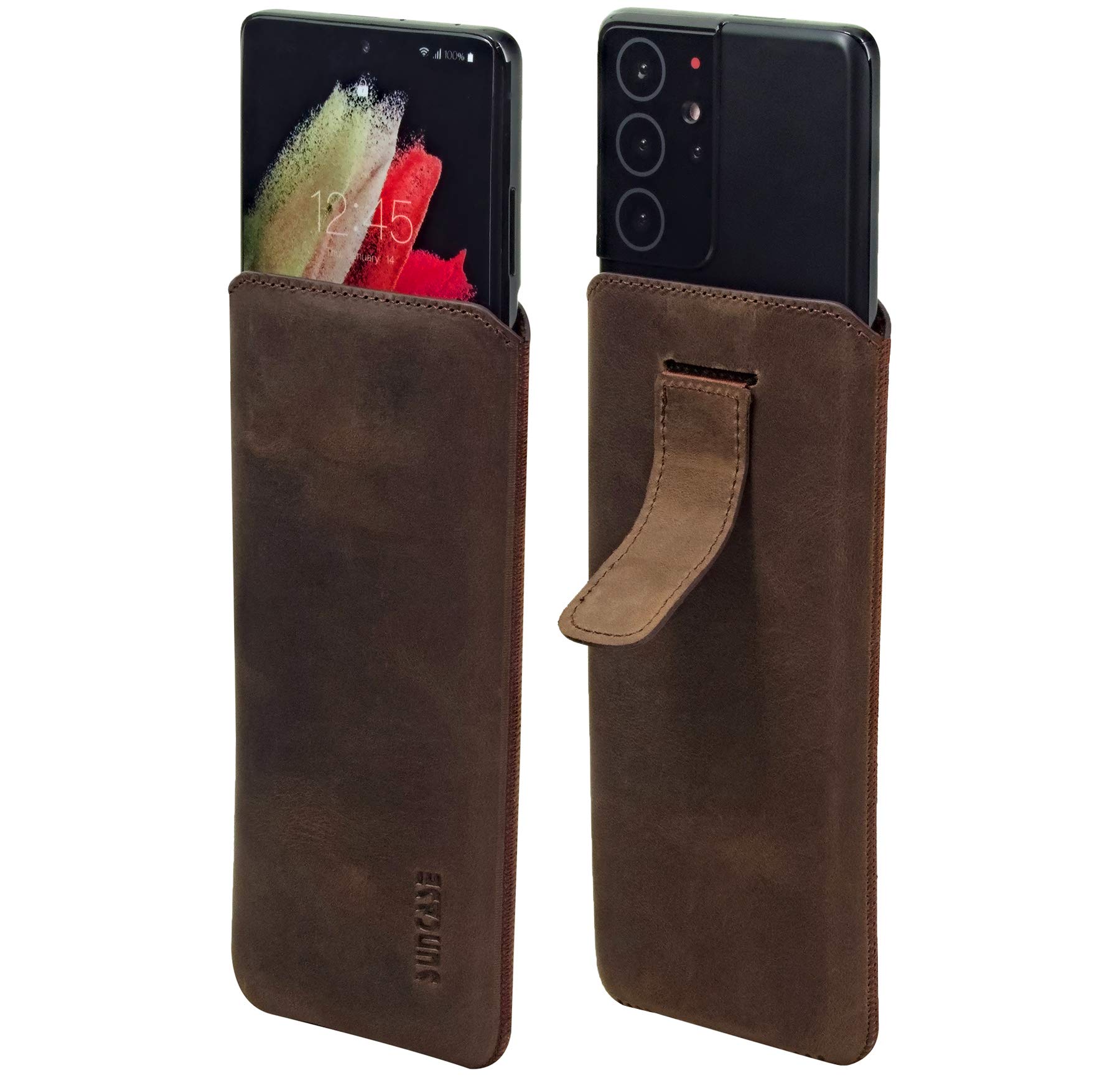 Suncase ECHT Ledertasche Leder Etui *Slim-Edition* kompatibel mit Samsung Galaxy S26 Ultra 5G Hülle (mit Rückzugsfunktion und Magnetverschluss) in antik-dunkel braun