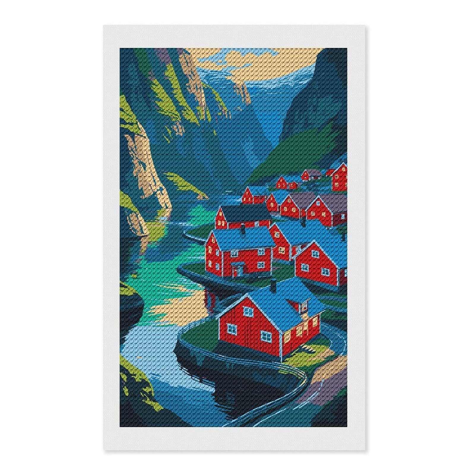 Junmoney Colorful Fjord Village Illustration Diamond Art Canvas 12"x20", for Family Craft Time, Creative Leisure Activity, Living Room Decor, Festive Craft Gift