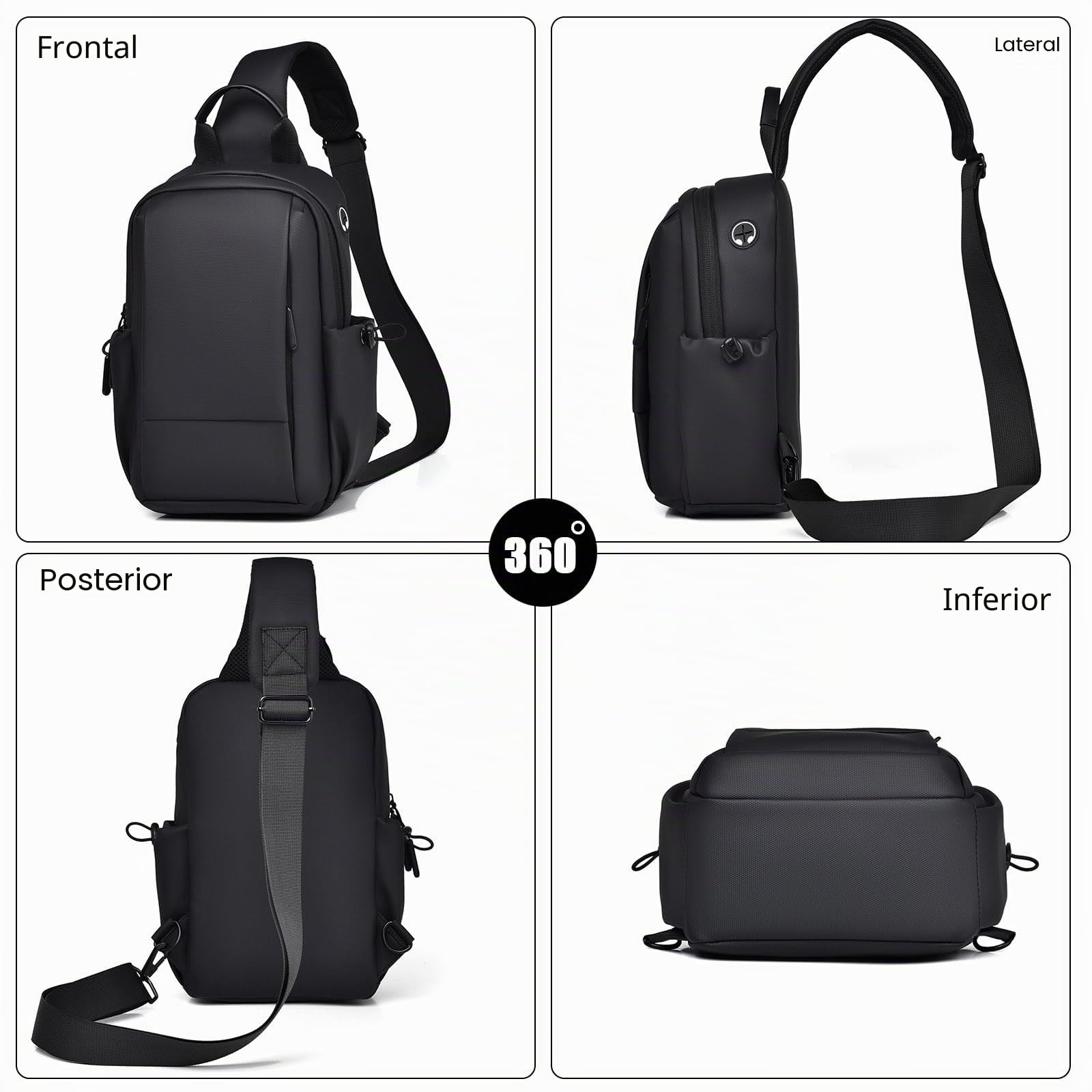 FANDARE Bolso Cruzado Hombre Bolso Hombre Mochila Cruzada Hombre Bolso Bandolera con Agujero de Auriculares PU Poliéster Bolsa Deportivas para Negocios Trabaja Viaje Bolso de Mensajero Negro
