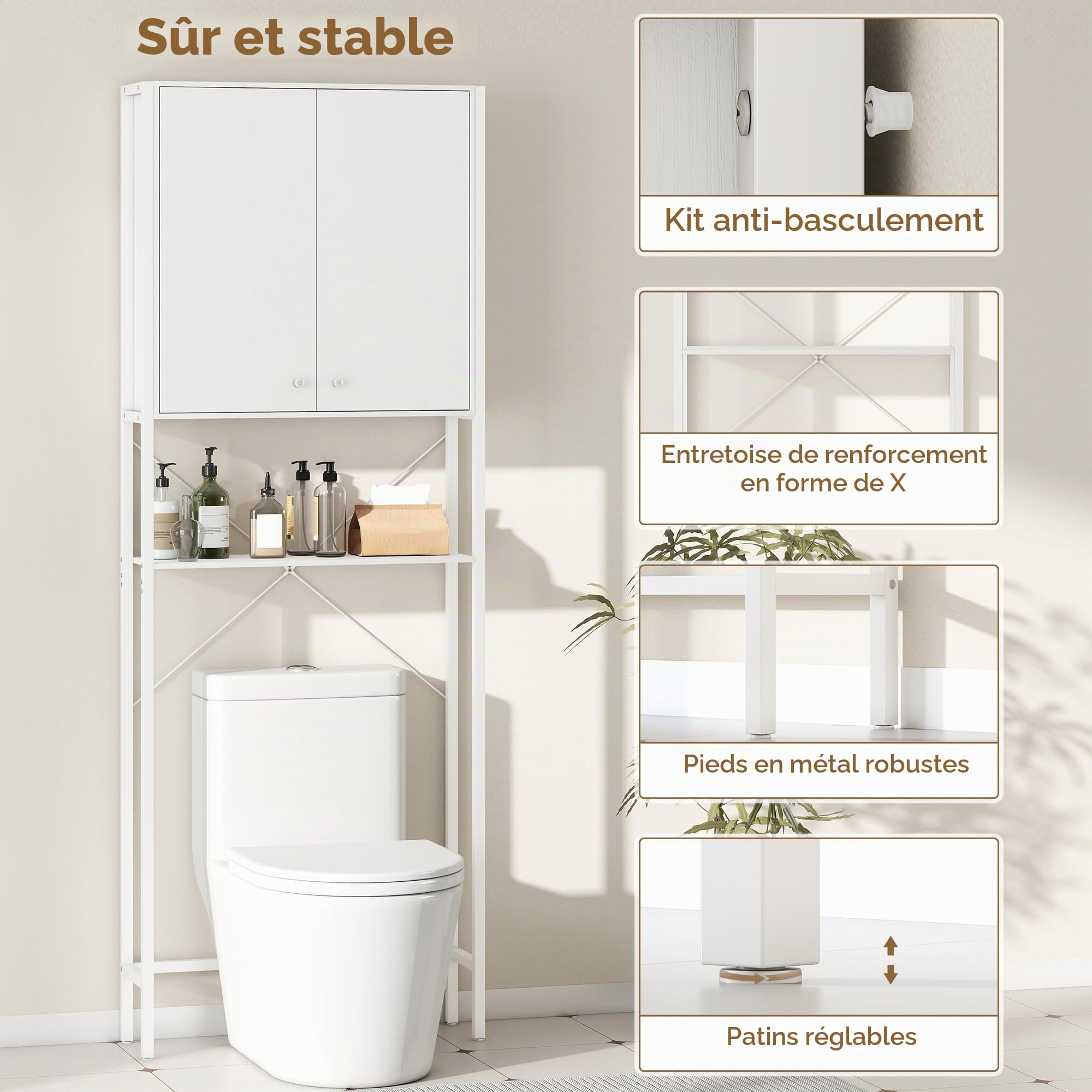 HOMCOM Meuble de salle de bain au-dessus de WC avec armoire 64 x 20 x 180 cm Blanc | Étagère ouverte, meuble au-dessus de la machine à laver peu encombrant, pieds en métal, pour salle de bain et buanderie