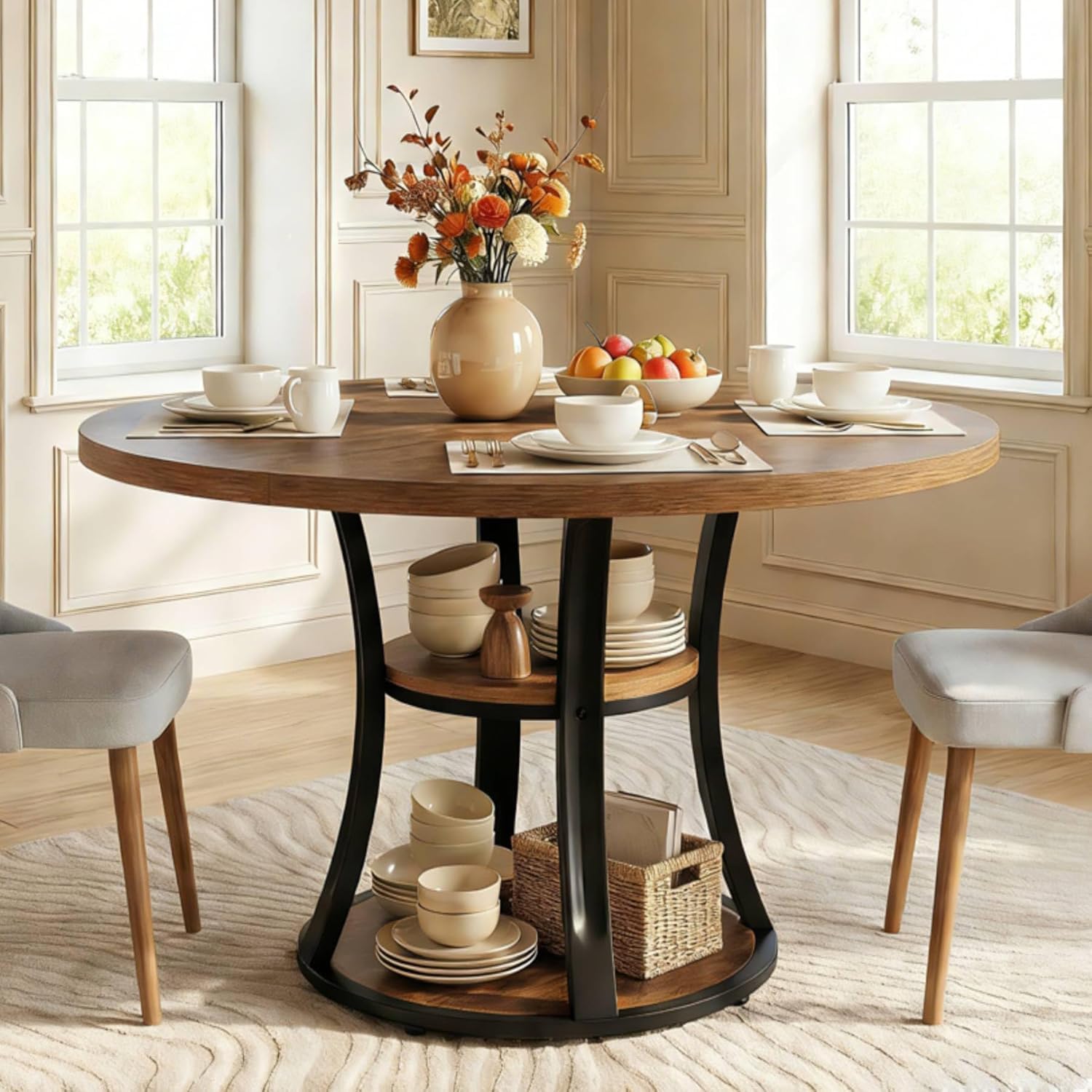 Tribesigns Tavolo da pranzo rotondo da 100 cm per 4 persone, tavolo da cucina con scaffale a 2 livelli, salvaspazio, stile rustico per sala da pranzo e piccoli spazi (solo tavolo)