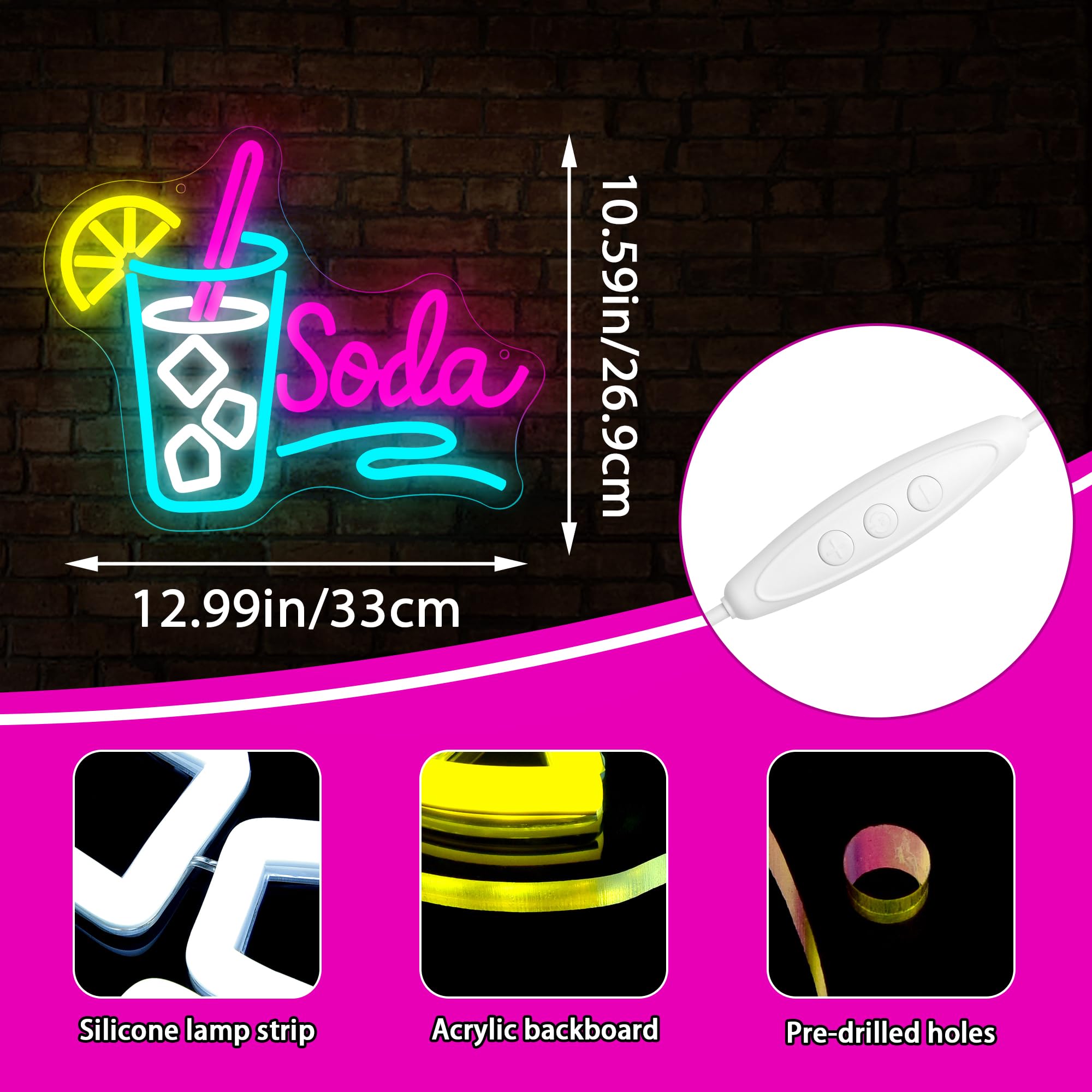 Cartello al neon con soda per decorazione da parete, dimmerabile, luce al neon per uomo, grotta, LED, per negozi, bar, birrerie, feste, cucina, ristorante, regalo di Natale e compleanno, dimensioni 32