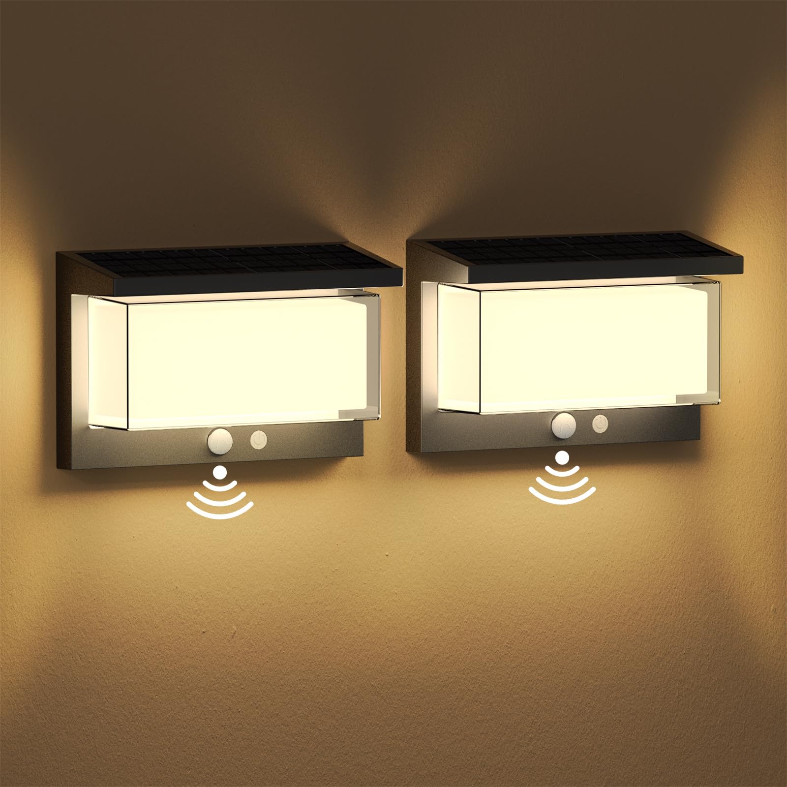 zestaw 2 sztuk lamp zewnętrznych na energię słoneczną z czujnikiem ruchu, stopień ochrony IP65, wodoodporne, 3000 K, ciepła biel – kinkiety zewnętrzne z czujnikiem ruchu