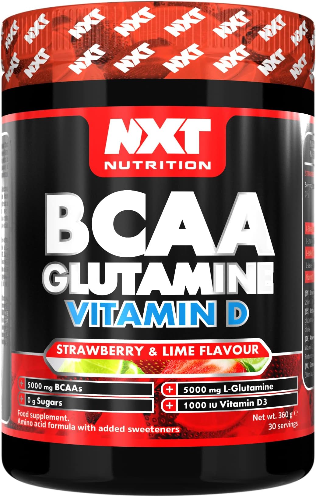 NXT Nutrition BCAA, Glutamine & Vitamin D | BCAAs Amino Acids with Vitamin D3 and L-Glutamine - for Recovery, Gut Health and Muscle Protein Synthesis | 360g - 30 Servings (Strawberry Lime)