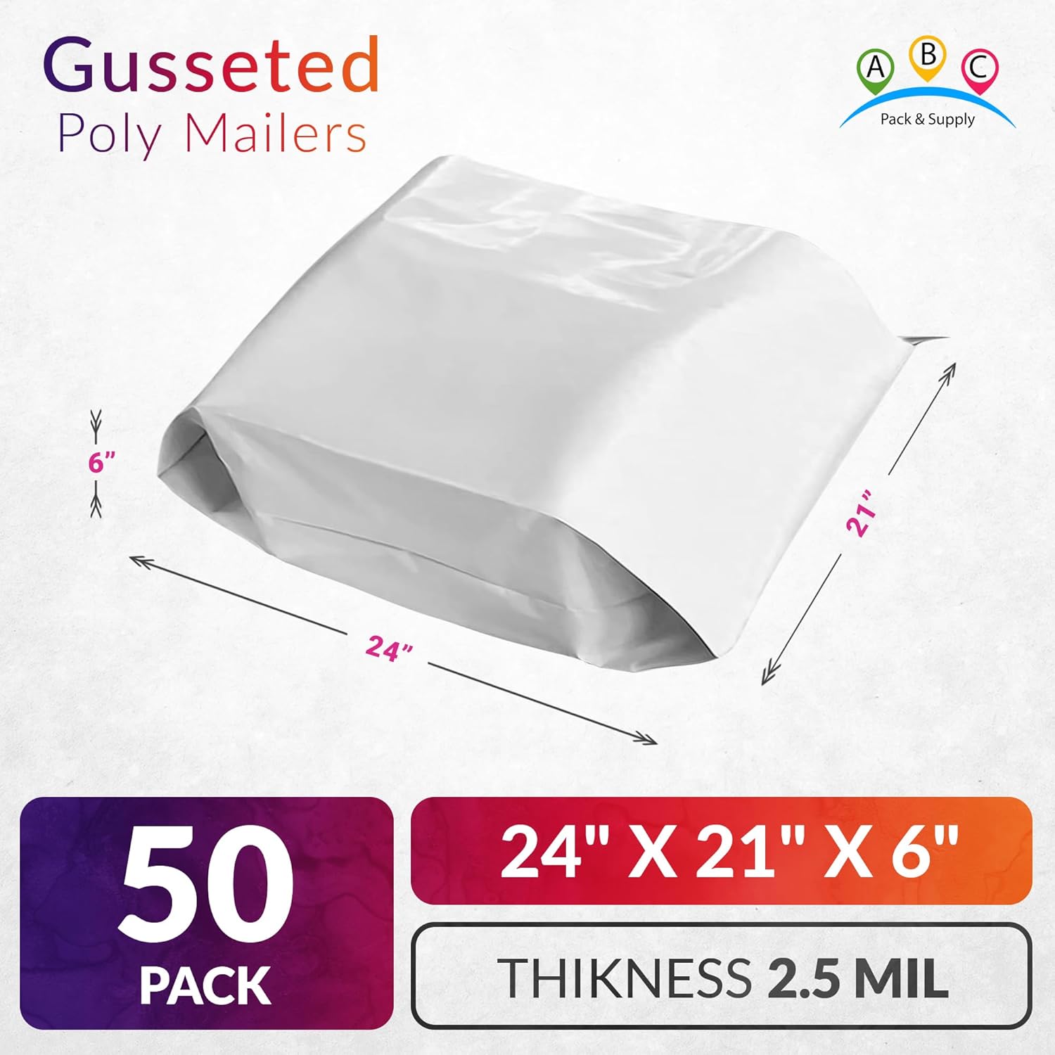 ABC PACK & SUPPLY White Gusseted Poly Mailers, 24 x 21 x 6 Inch. Pack of 100 Expansion Poly Mailers Bags. Shipping Envelopes for Clothing, 2.5 Mil. Plastic Shipping Bags Self Seal. Mailing Packages