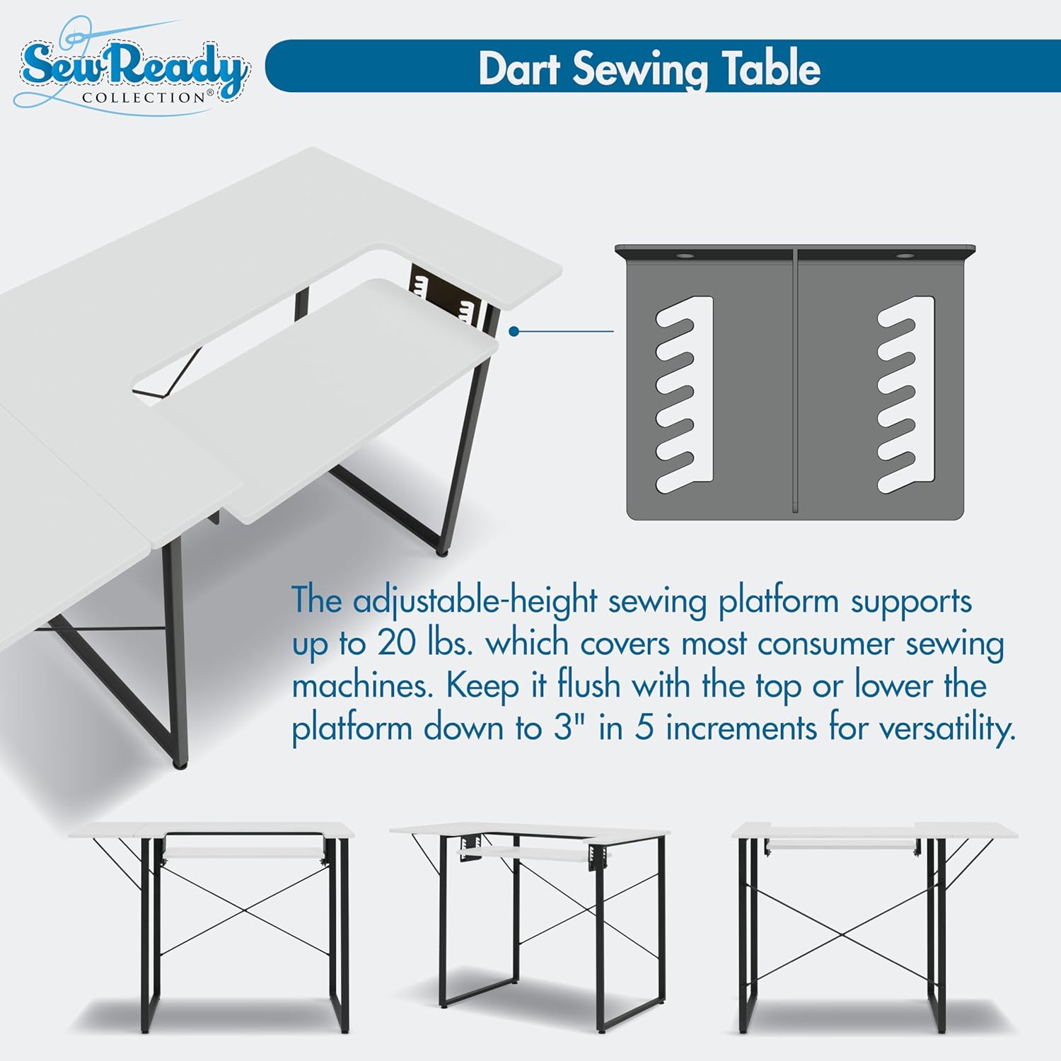 Sew Ready Dart Wood/Metal Multipurpose Machine Table Workstation Desk with Folding Top for Crafts, Sewing, Computers, Laptops, Games, Black Graphite/White 23D x 41W x 30H in