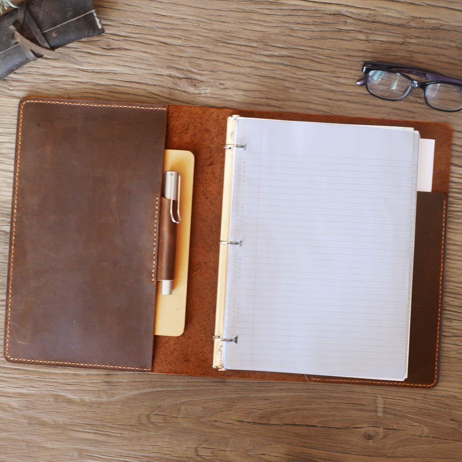 EXTRASTUDIO | Full grain Leather 3 Ring Binder Holds 8.5 x 11 Inch Paper Binder Organizer Vintage Leather Portfolio Folder Planner for Office Home Document Photo Diary Supplies(Brown)