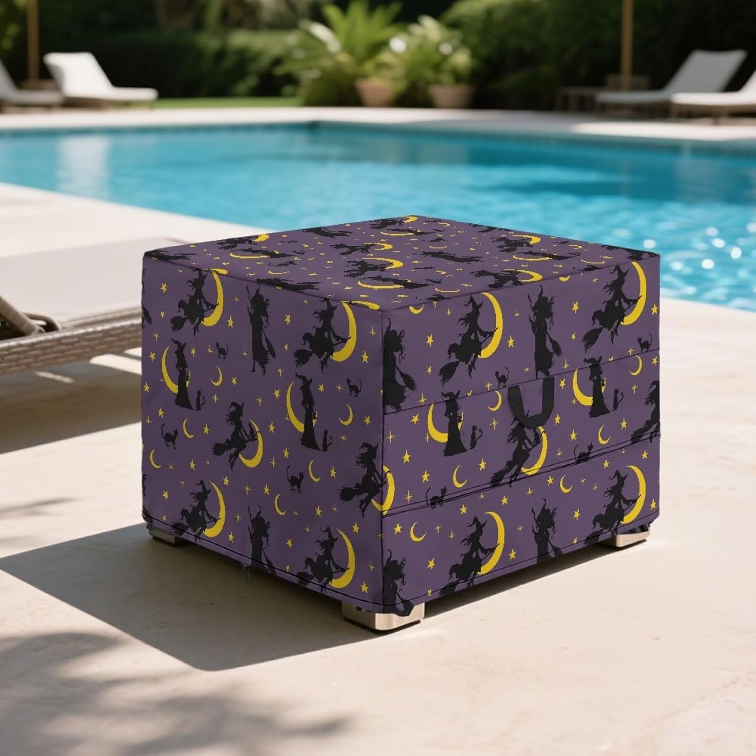 Square Patio Ottoman Cover Halloween Witch Moon Waterproof Outdoor Ottoman Covers with Handles Heavy Duty Footstool Cover Patio Furniture Covers
