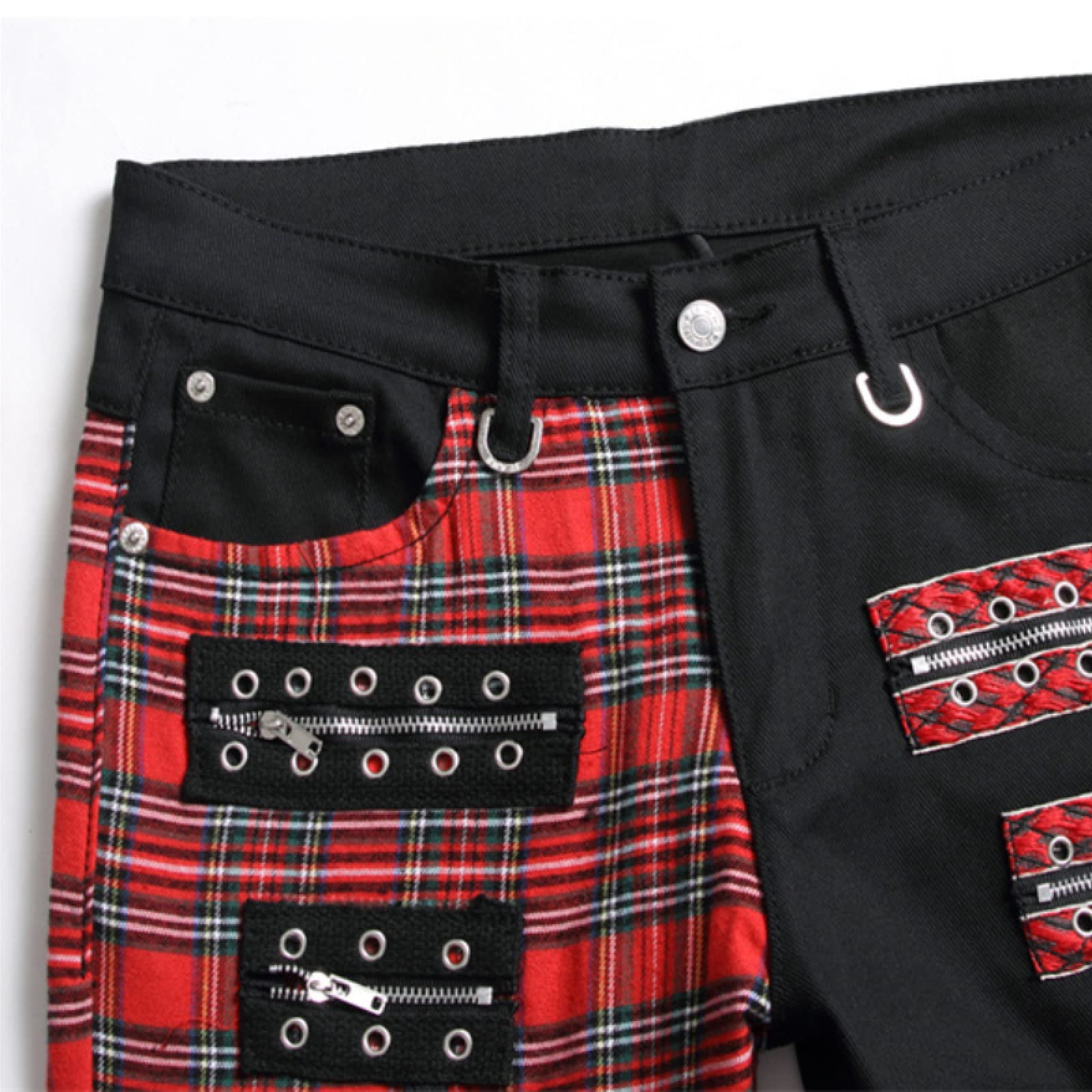 Jeans Herren Jeanshosen Hose Freizeithose Red Plaid Patchwork Punk Reißverschluss Männer Bleistift Jeans Hose Hip Hop Gothic Slim Denim Hosen