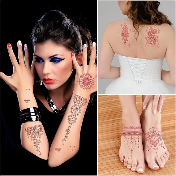 12 Sheets Red Henna Temporary Tattoos - Realistic Mehndi Body Art Stickers for Hands & Arms, Fake Tattoos for Weddings, Festivals & Parties